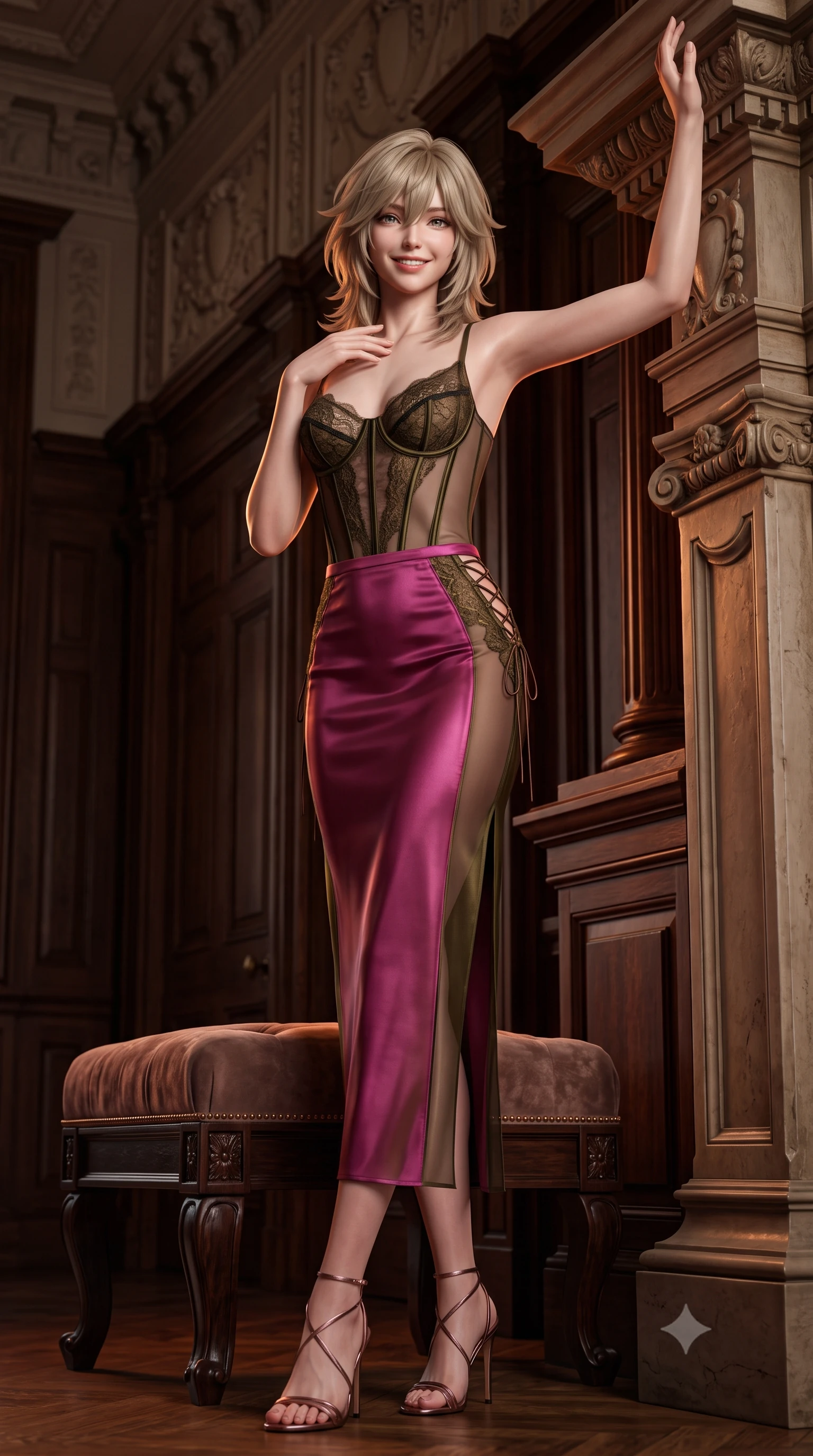 score_9, masterpiece, best quality, ultra-detailed, high-budget anime keyframe, semi-realistic 3D game render, editorial fashion photography, tasteful artistic composition, Japanese woman. low angle full-body shot from head to toe showing her feet, filling the entire 9:16 vertical frame with her statuesque presence, stretching her vertical silhouette. standing tall beside the architectural column, one hand resting high while arching her lower back to emphasize her sculpted feminine hips and slender waist while sitting poised on the ottoman with legs crossed, running one manicured hand slowly along her collarbones with effortless aristocratic cool. The surrounding environment is rendered in vivid detail and crisp panoramic clarity: detailed form-contouring sheer gossamer silk slip dress, side lace-up corset ties, and historic British craft in razor-sharp precision. She has an exceptionally tall and slender model-like 8.5-heads proportion, an ultra-slim waist, a flat toned midriff, narrow delicate ribcage, and beautifully sculpted feminine hips creating a graceful, slim hourglass silhouette without any bulky heaviness, with impossibly long slender legs. sharp v-shaped jawline, high-bridge nose, intricate jewel-like sparkling eyes with depth, thick eyelashes, glossy parted lips with a natural peach sheen, bright cheerful beaming smile with an enchanting and coquettish sensual glint, exuding both youthful cute charm and seductive allure, flawlessly proportioned anatomical accuracy, strict slender model proportions, natural body alignment, perfectly sculpted long slender limbs, ultra-slim waistline, clean dynamic posture without body distortion. wearing a sculpted underwire corset in sheer British lace with exposed boning paired with a high-waisted sheer pencil skirt with back slit in Ravello bougainvillea magenta and deep olive bronze, crafted from fluid liquid silk satin that clings smoothly to her narrow waist and rounded hips with a dewy sheen, featuring fine criss-cross lace-up side ties revealing tantalizing glimpses of her hip curve, the liquid-tight tailored fabric clinging flawlessly to her narrow waist and rounded feminine hips, emphasizing every millimeter of her sculpted slim hourglass curves without any bulky heaviness. illuminated by dark wood reflection bounce and sharp copper-gold rim lights defining her razor-sharp jawline, narrow waist, and curvy hips. highly saturated vibrant anime colors, detailed shading with soft gradients, rich glossy textures, high-contrast stereoscopic depth, volumetric dynamic lighting, master piece, 9:16 ratio