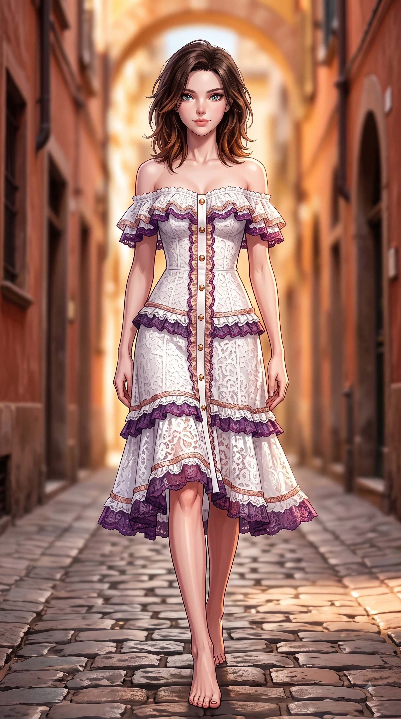 score_9, masterpiece, best quality, ultra-detailed, high-budget anime keyframe, editorial fashion photography, tasteful artistic composition, Korean woman. low angle full-body shot from head to toe showing her feet, filling the entire 9:16 vertical frame with her statuesque presence, stretching her vertical silhouette. Airy, translucent innocence with a soft subtle smile and a clear, pristine gaze into the lens while striding dramatically down a sun-drenched European cobblestone alley lined with rustic terracotta walls. The composition keeps background elements in soft focus with dreamy bokeh. terracotta building facades and distant archways blurred into creamy golden background bokeh. She has an absolutely perfect, statuesque 8.5-heads proportion, an exceptionally tall and slender model-like female figure with impossibly long slender legs and an ultra-slim waist. sharp v-shaped jawline, high-bridge nose, intricate jewel-like eyes with depth, thick eyelashes, glossy lips with a natural sheen, flawlessly proportioned anatomical accuracy, natural body alignment, perfectly sculpted elegant limbs, clean dynamic posture without body distortion. wearing a chic white lace off-shoulder midi dress decorated with delicate ruffle trims in deep amethyst purple and rose gold, tailored from crisp high-density cotton poplin, finished with gold metallic hardware buttons along the front, the form-contouring material accentuating her ultra-slim waist and long lines. illuminated by high-contrast directional key light and warm ambient reflections. highly saturated vibrant anime colors, detailed shading with soft gradients, rich glossy textures, high-contrast stereoscopic depth, volumetric dynamic lighting, master piece, 9:16 ratio