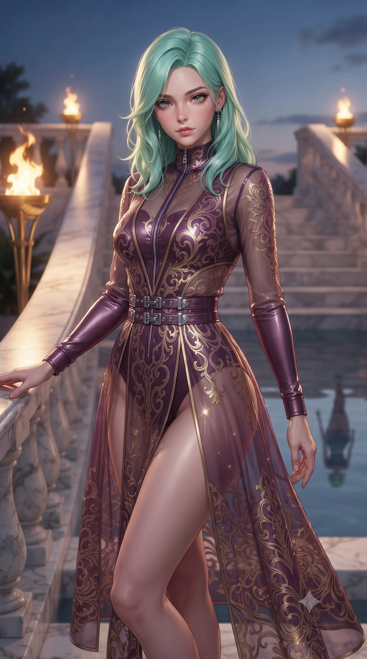 score_9, masterpiece, best quality, ultra-detailed, high-budget anime keyframe, editorial fashion photography, tasteful artistic composition, Japanese woman. close-up cowboy shot from the waist and thighs up, the character dominates the composition, filling the frame with her large presence, background elements kept in soft focus. Leaning slightly forward with a composed, seductive gaze under soft glowing light descending a grand marble staircase flanked by golden torch flames at dusk, still pool waters reflecting her slender silhouette and the open sky. She has an exceptionally elegant, slender, and willowy female figure with an ultra-slim waist, a gracefully sculpted slender torso, and a refined silhouette. sharp v-shaped jawline, high-bridge nose, intricate jewel-like eyes with depth, thick eyelashes, glossy lips with a natural sheen. wearing a semi-opaque sheer overlay dress over a leather micro-bodysuit in plum purple and gold filigree, formed from sleek second-skin neoprene, detailed with polished silver buckles along the waistline, the form-contouring material highlighting her ultra-slim waist and long lines. surrounded by a bright, luxurious aura of warm sunshine and sky reflections. ultra-reflective glossy finish, specular highlights, metallic sheen, high-contrast stereoscopic depth, volumetric dynamic lighting, 2k, ultra detail, master piece, 9:16 ratio
