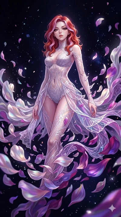 score_9, masterpiece, best quality, ultra-detailed, High-budget Anime Keyframe, East Asian woman. Low angle cowboy shot filling the entire 9:16 frame with her statuesque presence. Scenario 61: Dissolving into a cloud of iridescent silk petals in a vo