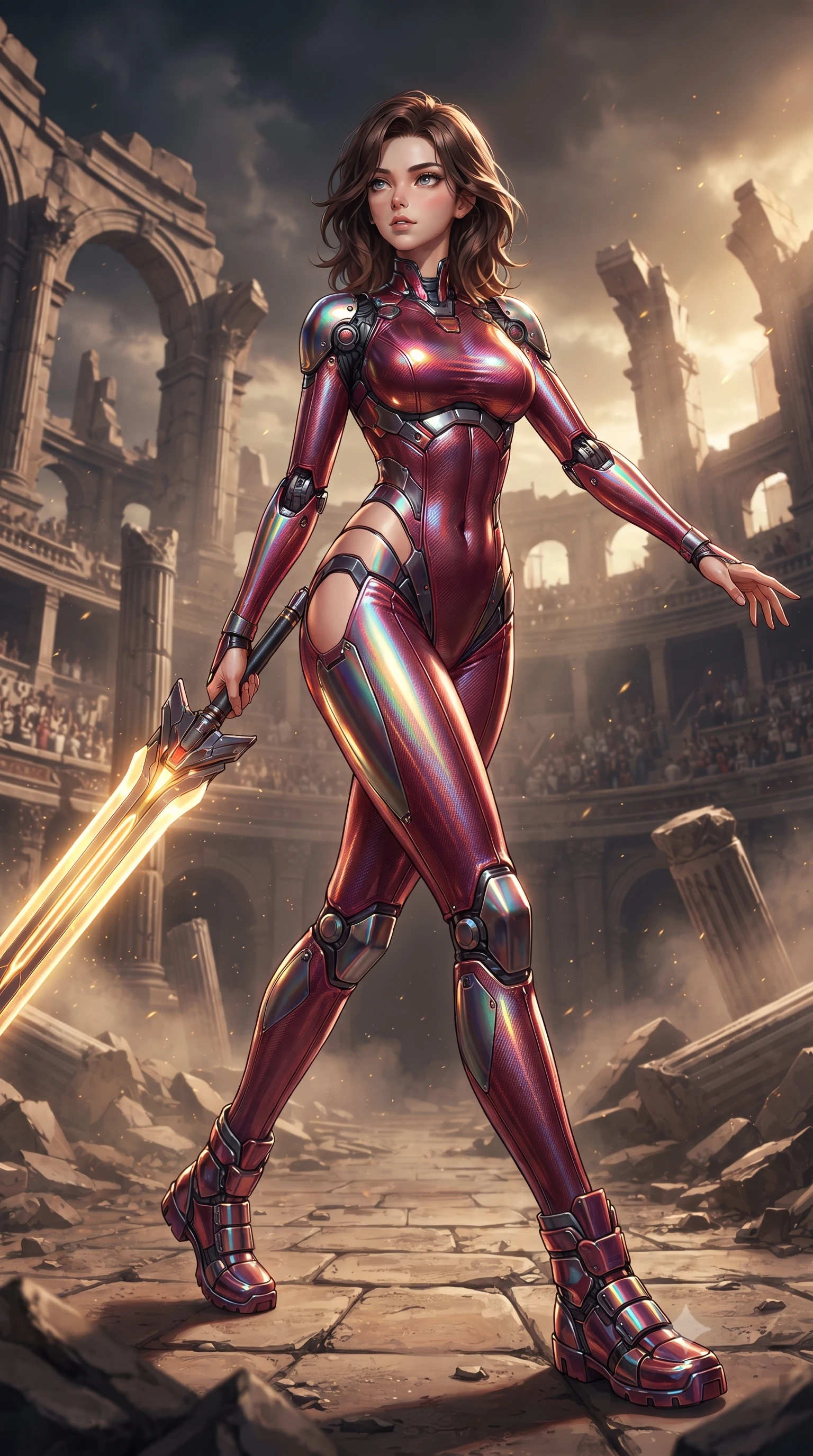 score_9, masterpiece, best quality, ultra-detailed, high-budget anime keyframe, editorial fashion photography, tasteful artistic composition, Korean woman. low angle full-body shot from head to toe showing her feet, filling the entire 9:16 vertical frame with her statuesque presence, stretching her vertical silhouette. pivoting dynamically in mid-motion with a breathtakingly alluring posture, displaying her flawless model proportions, toned flat midriff, and ultra-slim waist while striding forward across the ruined arena floor with greatsword held in one hand with effortless supermodel strength. The surrounding environment is rendered in vivid detail and crisp panoramic clarity. dramatic warrior chiaroscuro and monumental ruined arena architecture rendered in panoramic precision. She has an absolutely perfect, statuesque 8.5-heads proportion, an exceptionally tall and slender model-like female figure with impossibly long slender legs, a toned flat midriff, and an ultra-slim waist. sharp v-shaped jawline, high-bridge nose, intricate jewel-like eyes with depth, thick eyelashes, glossy lips with a natural sheen, flawlessly proportioned anatomical accuracy, strict slender model proportions, natural body alignment, perfectly sculpted long slender limbs, ultra-slim waistline, clean dynamic posture without body distortion. wearing a skin-tight crimson carbon-weave combat leotard with metallic dark chrome plating and hip-accentuating cutouts, holding twin glowing high-frequency vibro-blades with effortless supermodel poise in high-gloss iridescent rainbow carbon with prism holographic sheen, made of lightweight aerodynamic carbon-titanium alloy with polished edge bevels, finished with high-mobility articulation joints and miniature magnetic armor locks, the sleek second-skin cut tightly hugging her graceful clavicle, narrow waist, and feminine curves with athletic precision. bathed in warm golden arena searchlights and glowing greatsword energy channel radiance. ultra-reflective glossy finish, specular highlights, dark metallic sheen, high-contrast stereoscopic depth, volumetric dynamic lighting, 2k, ultra detail, master piece, 9:16 ratio