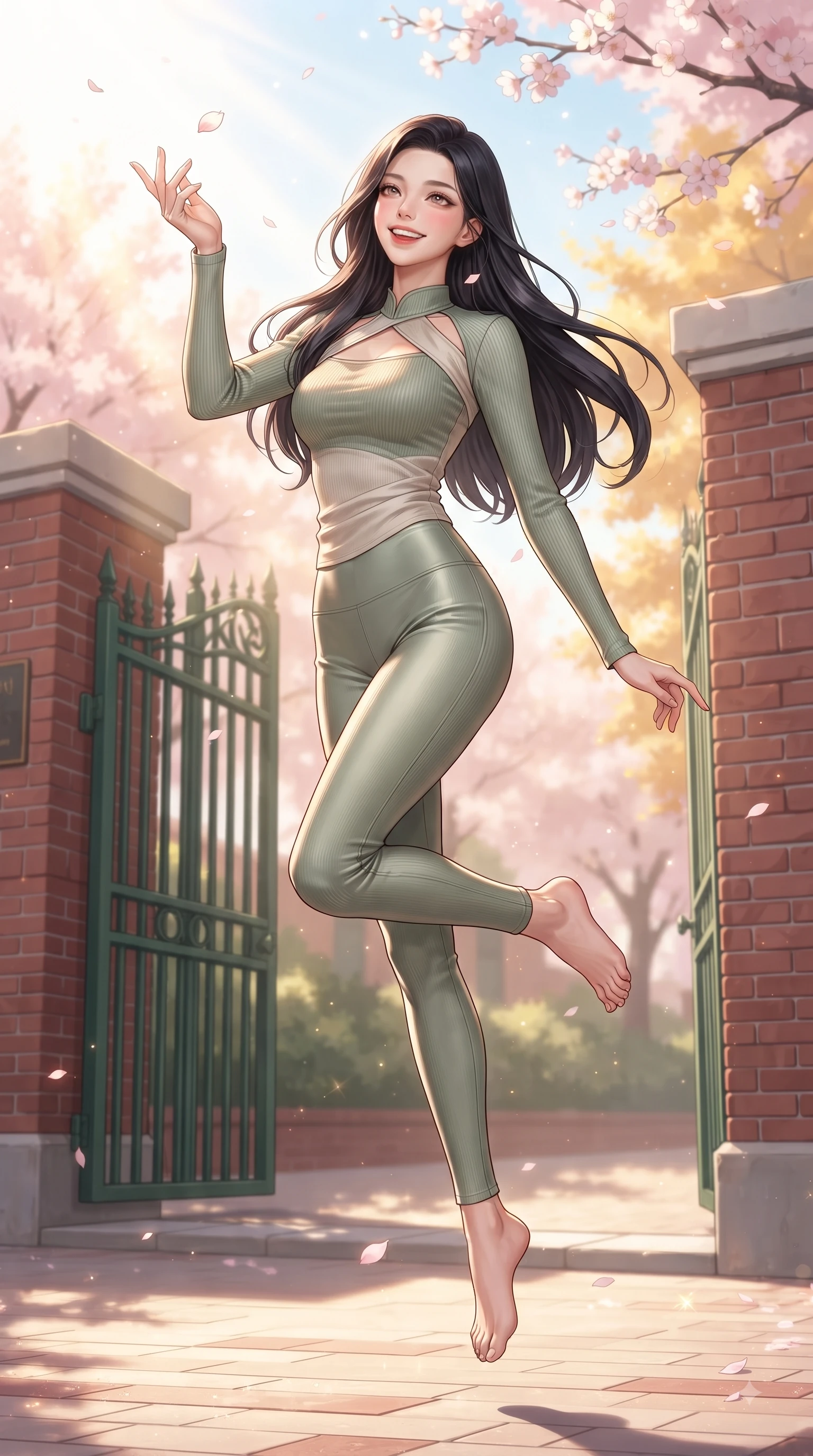 score_9, masterpiece, best quality, ultra-detailed, high-budget anime keyframe, editorial fashion photography, tasteful artistic composition, Korean woman. low angle full-body shot from head to toe showing her feet, filling the entire 9:16 vertical frame with her statuesque presence, stretching her vertical silhouette. performing a cheerful mid-air rotation with flawless poise, her radiant smile capturing fresh college girlhood energy while reaching her hand up playfully to catch a floating cherry blossom petal in mid-air, classic red-brick school walls and green iron gates framing a sweet academy scene. She has an absolutely perfect, statuesque 8.5-heads proportion, an exceptionally tall and slender model-like female figure with impossibly long slender legs and an ultra-slim waist. sharp v-shaped jawline, high-bridge nose, intricate jewel-like eyes with depth, thick eyelashes, glossy lips with a natural sheen, flawlessly proportioned anatomical accuracy, natural body alignment, perfectly sculpted elegant limbs, clean dynamic posture without body distortion. wearing a form-fitting ribbed activewear set with elegant collar cutouts in sage green and oatmeal, crafted from lustrous satin jersey with fluid draping, accented with a Tasteful chest slit framing her clavicle gracefully, the elegant draped fit framing her graceful clavicle and slender torso. bathed in bright morning sunbeams and warm golden sakura backlighting. ultra-reflective glossy finish, specular highlights, metallic sheen, high-contrast stereoscopic depth, volumetric dynamic lighting, 2k, ultra detail, master piece, 9:16 ratio