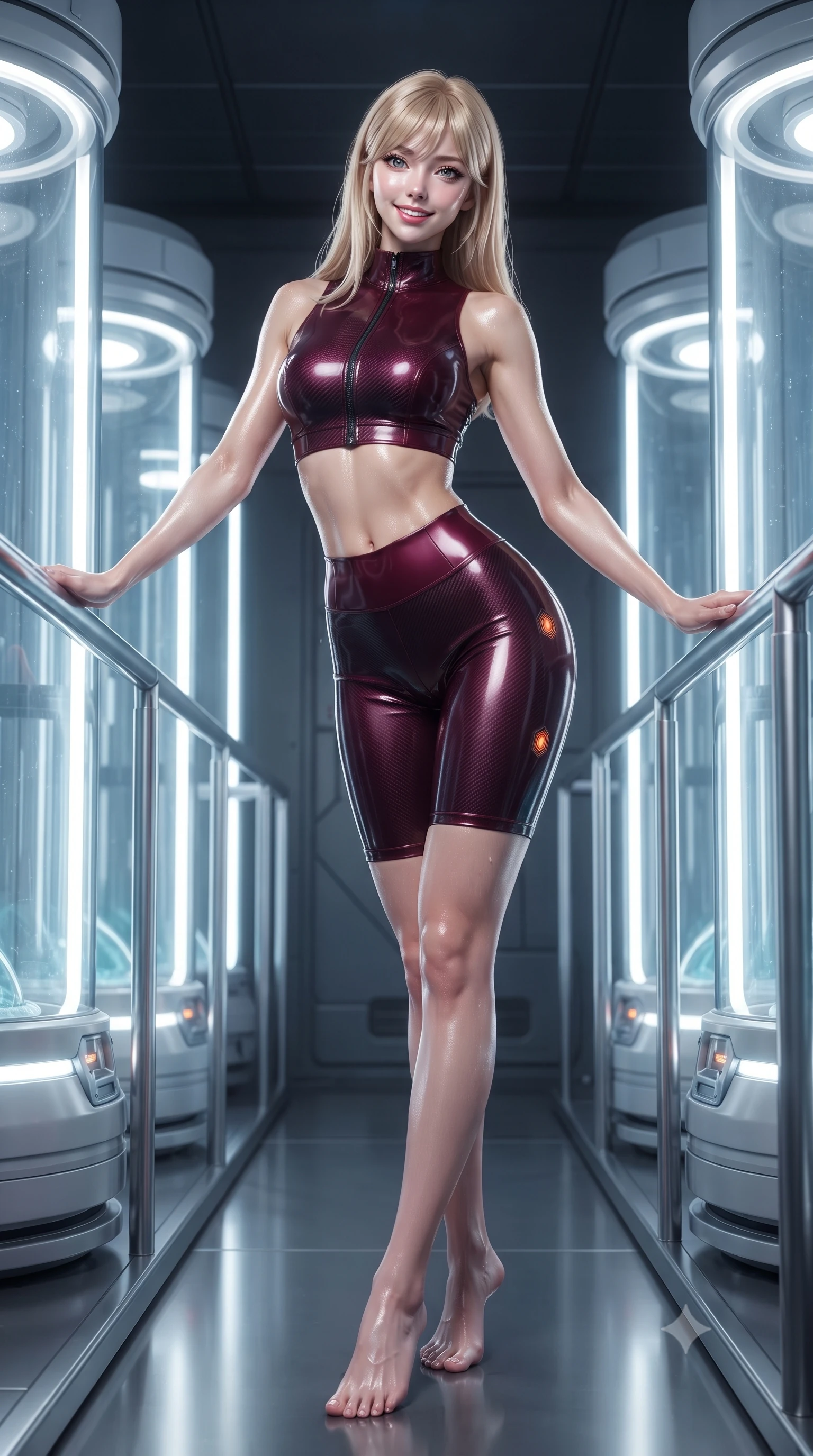 score_9, masterpiece, best quality, ultra-detailed, high-budget anime keyframe, editorial fashion photography, tasteful artistic composition, Japanese woman. low angle full-body shot from head to toe showing her feet, filling the entire 9:16 vertical frame with her statuesque presence, stretching her vertical silhouette. standing in a tall, confident posture with one hand on a glowing metal railing, stretching her statuesque body as she arches her lower back to emphasize her sculpted feminine hips and slender waist while standing poised between rows of glowing vertical cryo-capsules, arching her back with ice-cold, sovereign elegance. The surrounding environment is rendered in vivid detail and crisp panoramic clarity: detailed mesh catsuit texture, dewy moisture sheen on skin, and futuristic vault architecture in high resolution. She has an absolutely perfect, statuesque 8.5-heads proportion, an exceptionally tall and slender model-like female figure with impossibly long slender legs, an ultra-slim waist, a flat toned midriff, narrow delicate ribcage, and beautifully sculpted feminine hips creating a graceful, slim hourglass silhouette without any bulky heaviness. sharp v-shaped jawline, high-bridge nose, intricate jewel-like sparkling eyes with depth, thick eyelashes, glossy parted lips with a natural sheen, bright confident smile with an enchanting and coquettish sensual glint, exuding both youthful magnetic charm and sovereign high-tech allure, flawlessly proportioned anatomical accuracy, strict slender model proportions, natural body alignment, perfectly sculpted long slender limbs, ultra-slim waistline, clean dynamic posture without body distortion. wearing a sleek two-piece combat athletic set with a zip-front mock-neck crop top and contouring biker shorts hugging her curvy hips in deep wine crimson and dark carbon weave, made of smooth liquid latex with high-contrast stereoscopic depth and wet shine, accented with subtle hexagonal heat-sink vents glowing with dim orange thermal heat, the form-fitting tactical tailoring adhering flawlessly to her sculpted flat midriff and slender torso, emphasizing her long leg lines and perfectly proportioned willowy build. illuminated by overhead cold-white strip lights and sharp crystalline silver rim lights carving her slim waist, hips, and jawline. ultra-reflective glossy finish, specular highlights, rich textural contrasts, high-contrast stereoscopic depth, volumetric dynamic lighting, 2k, ultra detail, master piece, 9:16 ratio