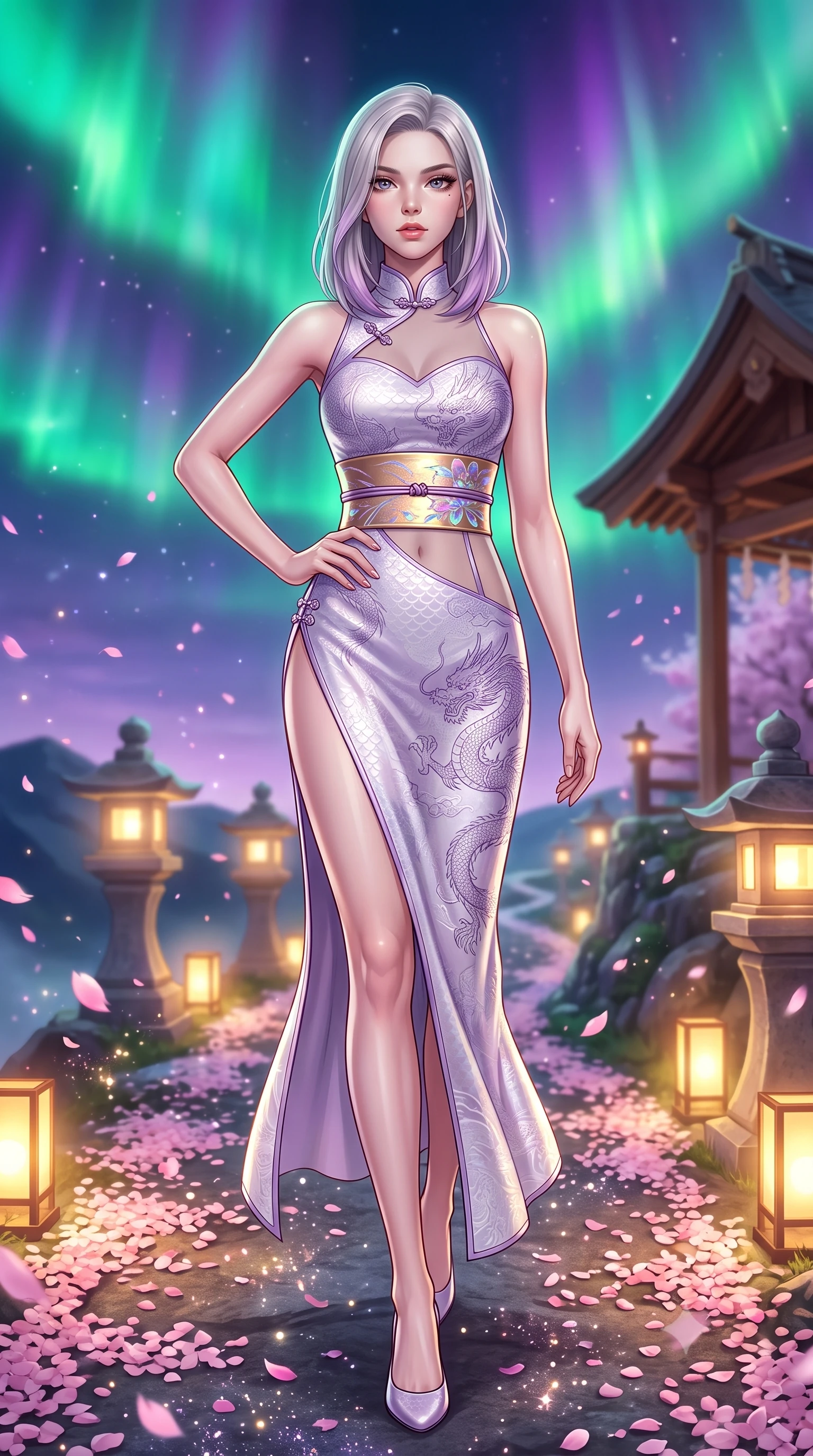 score_9, masterpiece, best quality, ultra-detailed, high-budget anime keyframe, semi-realistic 3D game render, editorial fashion photography, tasteful artistic composition, Caucasian woman. low angle full-body shot from head to toe showing her feet, filling the entire 9:16 vertical frame with her statuesque presence, stretching her vertical silhouette. standing poised with one hip cocked in an alluring high-fashion pose, her tall 8.5-heads proportions dominating the scene while stepping along the mountain crest path as wind whips cherry blossom petals and stardust around her statuesque silhouette. The composition keeps background elements in soft focus with creamy bokeh. glowing stone lanterns and wooden shrine eaves softened in cinematic shallow depth of field. She has an absolutely perfect, statuesque 8.5-heads proportion, an exceptionally tall and slender model-like female figure with impossibly long slender legs, a toned flat midriff, and an ultra-slim waist. sharp v-shaped jawline, high-bridge nose, intricate jewel-like eyes with depth, thick eyelashes, glossy lips with a natural sheen, captivating and magnetic expression, flawlessly proportioned anatomical accuracy, strict slender model proportions, natural body alignment, perfectly sculpted long slender limbs, ultra-slim waistline, clean dynamic posture without body distortion. wearing a dragon-embroidered silk cheongsam modern dress with asymmetrical sheer mesh cutouts and high Mandarin collar in ethereal lilac mist and pearlescent white, made of rich textured jacquard silk with dragon scale weave, complemented by a wide metallic gold obi sash with holographic floral embroidery, the precision-cut daring openings accentuating her delicate midriff, graceful bare collarbones, and ultra-slim feminine waistline. bathed in vibrant emerald and violet aurora light overhead and warm golden lantern uplights from below. highly saturated vibrant anime colors, detailed shading with soft gradients, rich glossy textures, high-contrast stereoscopic depth, volumetric dynamic lighting, master piece, 9:16 ratio