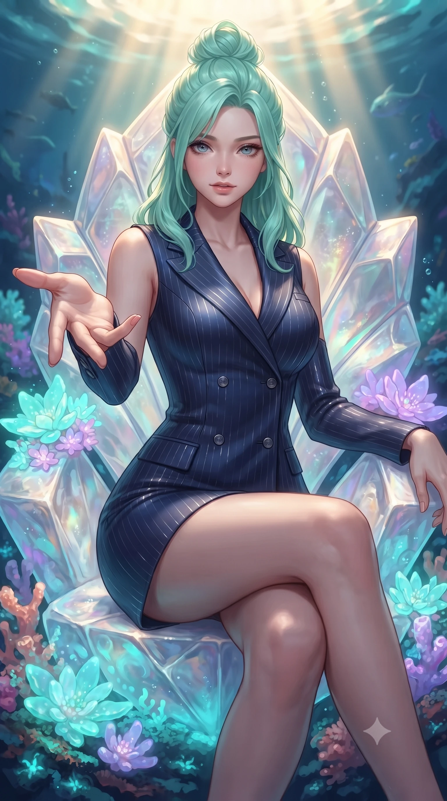score_9, masterpiece, best quality, ultra-detailed, high-budget anime keyframe, editorial fashion photography, tasteful artistic composition, Japanese woman. close-up cowboy shot from the waist and thighs up, the character dominates the composition, filling the frame with her large presence, background elements kept in soft focus. Reaching one hand gracefully toward the viewer with effortless superiority and allure poised on an abyssal prism shell throne bathed in sunlit ocean rays, glowing coral blossoms emitting soft aqua and lavender light. She has an exceptionally elegant, slender, and willowy female figure with an ultra-slim waist, a gracefully sculpted slender torso, and a refined silhouette. sharp v-shaped jawline, high-bridge nose, intricate jewel-like eyes with depth, thick eyelashes, glossy lips with a natural sheen. wearing a tailored double-breasted blazer dress in navy with subtle metallic pin-stripes, the form-contouring material highlighting her ultra-slim waist and long lines. illuminated by luminous aqua bioluminescence and warm golden top lighting. ultra-reflective glossy finish, specular highlights, metallic sheen, high-contrast stereoscopic depth, volumetric dynamic lighting, 2k, ultra detail, master piece, 9:16 ratio