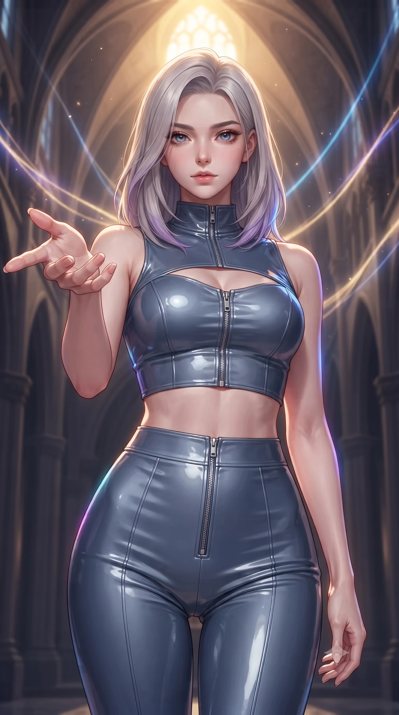 score_9, masterpiece, best quality, ultra-detailed, high-budget anime keyframe, editorial fashion photography, tasteful artistic composition, Caucasian woman. close-up cowboy shot from the waist and thighs up, the character dominates the composition, filling the frame with her large presence, background elements kept in soft focus. Reaching one hand gracefully toward the viewer with effortless superiority and allure guiding glowing choir light threads weaving through majestic vaulted arches, majestic vaulted ceilings rising high into a luminous atmosphere. She has an exceptionally elegant, slender, and willowy female figure with an ultra-slim waist, a gracefully sculpted slender torso, and a refined silhouette. sharp v-shaped jawline, high-bridge nose, intricate jewel-like eyes with depth, thick eyelashes, glossy lips with a natural sheen. wearing a glossy vinyl crop top and high-waist tailored leggings with sleek zippers in slate blue and metallic silver, made of premium stretch velvet with a rich sheen, accented with a Tasteful chest slit framing her clavicle gracefully, the form-contouring material highlighting her ultra-slim waist and long lines. illuminated by a warm golden key light and brilliant multi-color rim light. ultra-reflective glossy finish, specular highlights, metallic sheen, high-contrast stereoscopic depth, volumetric dynamic lighting, 2k, ultra detail, master piece, 9:16 ratio