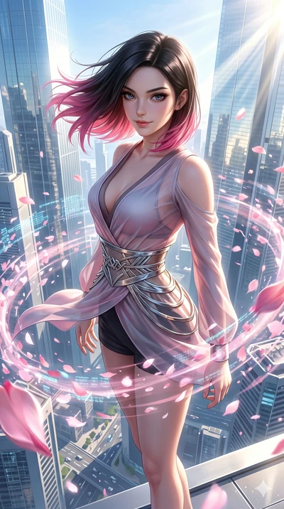 score_9, masterpiece, best quality, ultra-detailed, high-budget anime keyframe, semi-realistic 3D game render, Korean woman. Upper body close-up from the thighs up, character filling the screen for maximum presence. She is standing on the edge of a s