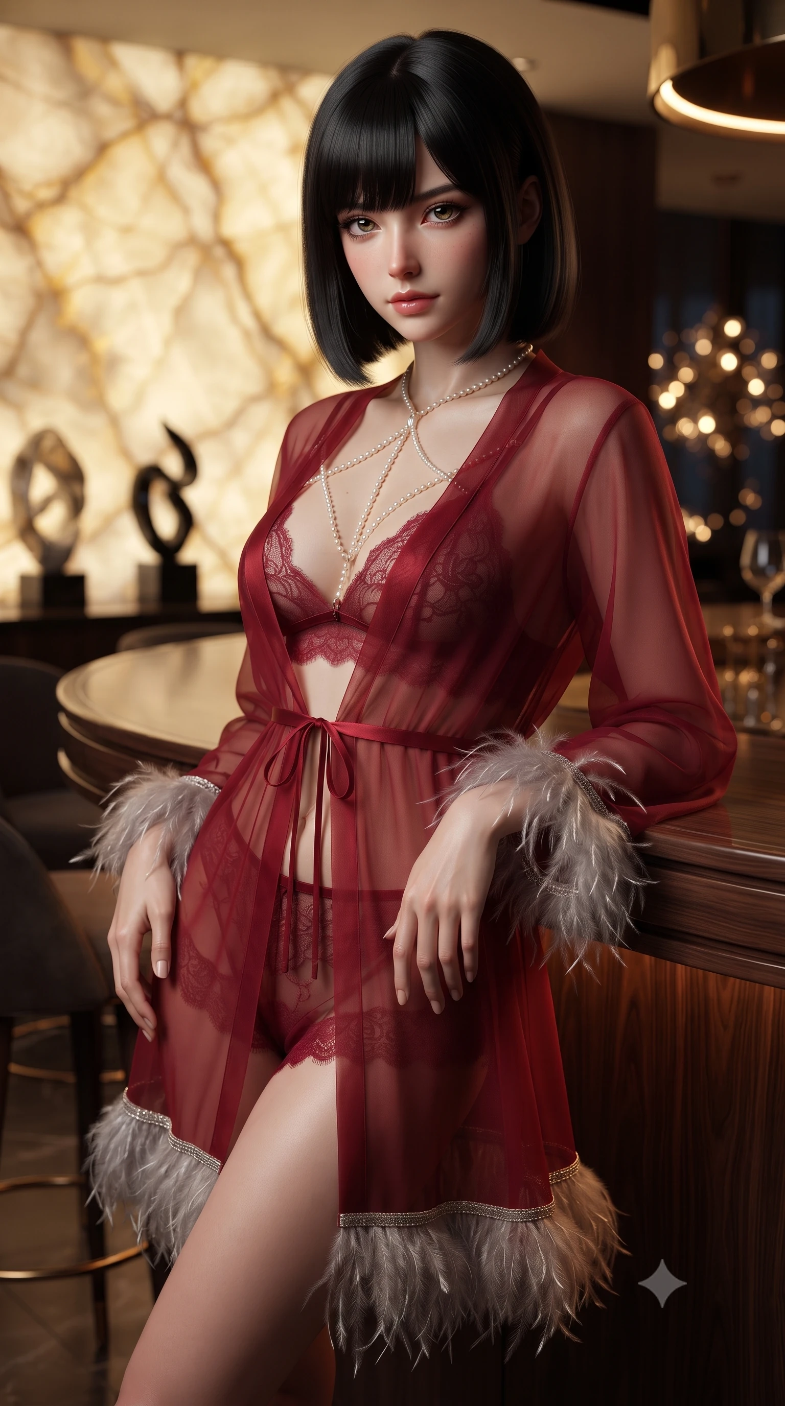 score_9, masterpiece, best quality, ultra-detailed, high-budget anime keyframe, editorial fashion photography, tasteful artistic composition, Caucasian woman. close-up cowboy shot from the waist and thighs up, the character dominates the composition, filling the frame with her large presence. tilting her head with a teasing half-smile, running one hand slowly down the side of her hip in a flirtatious S-curve as ambient light caresses her silhouette while leaning against the curved rosewood bar counter with hips cocked back, looking directly into the camera with magnetic smoldering bedroom-eyes. The background shows a soft-focus glowing golden veining of the monumental translucent onyx slab, contemporary art sculptures, and twinkling Hannam-dong villa lights blurred into honey, topaz, and obsidian bokeh. She has an exceptionally elegant, slender, and willowy female figure with an ultra-slim waist, flat toned midriff, narrow ribcage, and sculpted feminine hips creating an alluring, slim hourglass silhouette without bulk. sharp v-shaped jawline, high-bridge nose, intricate jewel-like sparkling eyes with depth, thick eyelashes, glossy parted lips with a natural peach sheen, bright cheerful beaming smile with an enchanting and coquettish sensual glint, exuding both youthful cute charm and seductive allure, flawlessly proportioned anatomical accuracy, strict slender model proportions, natural body alignment, perfectly sculpted long slender limbs, ultra-slim waistline, clean dynamic posture without body distortion. wearing a delicate translucent silk boudoir robe with feather-trimmed cuffs worn open over a strappy lace bralette and micro-shorts in Venetian baroque ruby red and antique starlight silver, made of sheer gossamer chiffon that drapes softly against skin with airy translucence, accented with a pearl-drop body harness subtly framing her dewy collarbones and spine, the form-contouring silhouette accentuating her sculpted flat midriff, narrow delicate ribcage, and gracefully curvy hips with intoxicating allure. illuminated by low-key ambient cove downlights and sharp amber-gold rim lights defining her dewy collarbones, narrow waist, and curvy hips. ultra-reflective glossy finish, specular highlights, rich textural contrasts, high-contrast stereoscopic depth, volumetric dynamic lighting, 2k, ultra detail, master piece, 9:16 ratio