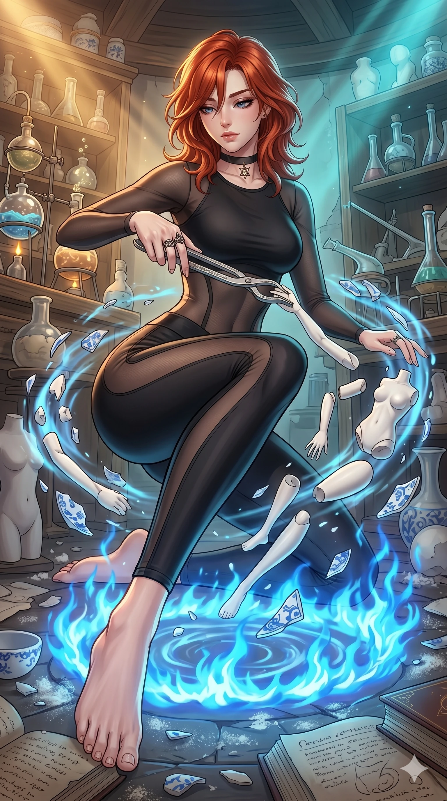 score_9, masterpiece, best quality, ultra-detailed, high-budget anime keyframe, Japanese woman. low angle full-body shot filling the entire 9:16 frame with her statuesque presence, stretching the vertical silhouette. assisting in an alchemical porcelain workshop where floating white bisque doll parts and blue porcelain shards swirl amidst blue alchemical flames. She has an absolutely perfect 8-heads proportion, an exceptionally tall and slender female figure with impossibly long slender legs and an ultra-slim waist. V-shaped jawline, high-bridge nose, intricate jewel-like eyes with depth, thick eyelashes, glossy lips with a natural sheen.. wearing a sheer mesh athleisure set, featuring a tight matte black top and leggings with semi-opaque mesh panels tracing the curves of her waist and thighs. showcasing a beautiful play of light and shadow, with warm golden rays clashing against cool cyan highlights. 2k, ultra detail, master piece, 9:16 ratio