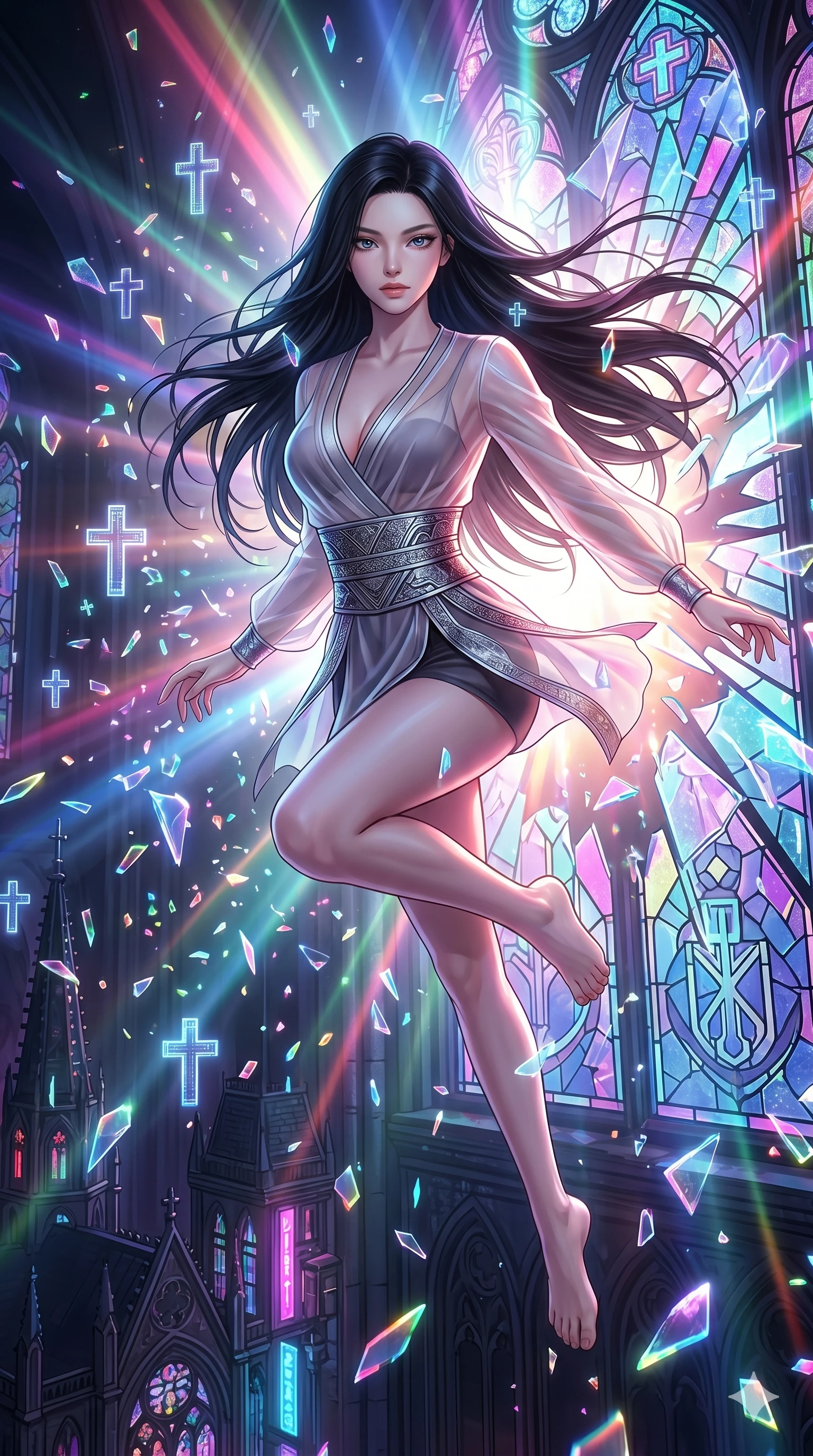 score_9, masterpiece, best quality, ultra-detailed, high-budget anime keyframe, editorial fashion photography, tasteful artistic composition, Korean woman. Upper body close-up from the thighs up, character filling the screen for maximum presence. She is leaping through shattered stained glass of a neon-lit futuristic cathedral. She maintains a serene yet captivating expression amidst a rain of glowing shards and floating digital cross symbols. She has an absolutely perfect 8-heads proportion, an exceptionally tall and slender female figure with impossibly long slender legs and an ultra-slim waist. V-shaped jawline, high-bridge nose, intricate jewel-like eyes with depth, thick eyelashes, glossy lips with a natural sheen. She is wearing a shortened cyber-fusion wrap top with transparent chiffon panels, a deep crossover neckline, and a high-waisted metallic sash that accentuates her ultra-slim waist. The scene is backlit by intense multi-colored neon light rays and volumetric dawn light filtering through fog. 2k, ultra detail, master piece, 9:16 ratio