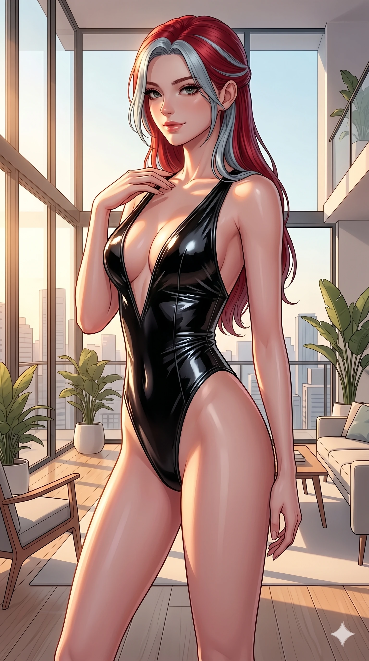 score_9, masterpiece, best quality, ultra-detailed, high-budget anime keyframe, editorial fashion photography, tasteful artistic composition, Caucasian woman, strictly human ears. cowboy shot from the thighs up, character and outfit filling the frame for maximum editorial presence. looking over her shoulder with a magnetic, teasing half-smile, one hand gently tracing her collarbone inside an airy loft living room with floor-to-ceiling glass walls letting in warm golden hour light (Code-P052). She has an absolutely perfect 8-heads proportion, an exceptionally tall and slender female figure with impossibly long slender legs and an ultra-slim waist. V-shaped jawline, high-bridge nose, intricate jewel-like eyes with depth, thick eyelashes, glossy lips with a natural sheen. wearing a wet-look black vinyl bodysuit with an ultra-deep plunging V-neckline and high-cut lines. drenched in brilliant morning sunshine that traces her elegant clavicle lines and athletic build contours. 2k, ultra detail, master piece, 9:16 ratio