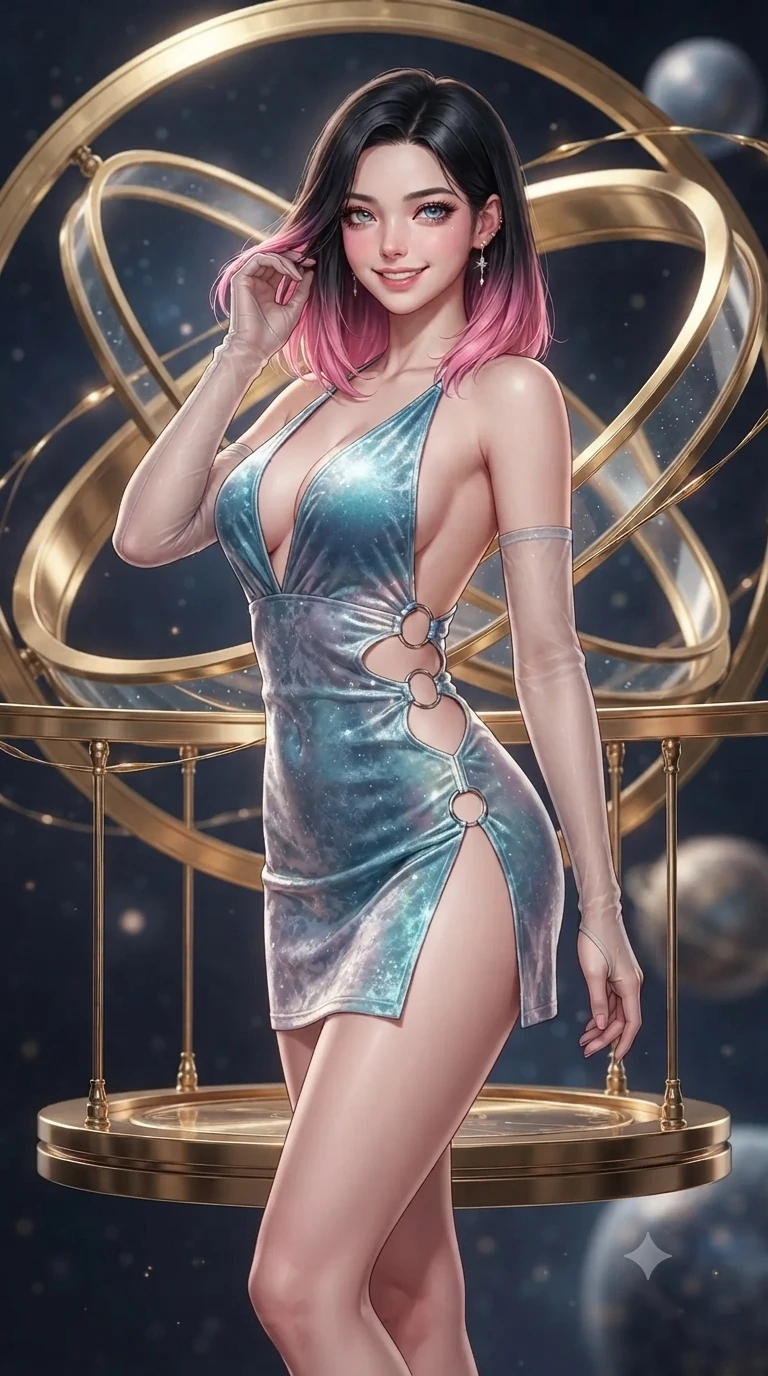 score_9, masterpiece, best quality, ultra-detailed, high-budget anime keyframe, editorial fashion photography, tasteful artistic composition, Korean woman. close-up cowboy shot from the waist and thighs up, the character dominates the composition, filling the frame with her large presence. gently brushing a lock of hair behind her ear while casting a playful, flirtatious side-gaze with long eyelashes while standing poised on the suspended brass gantry beneath giant interlocking armillary rings, arching her lower back as fine threads of liquid gold weave through the air. The background shows a soft-focus cosmic particulate glow softened in celestial astrolabe observatory shallow focus. She has an exceptionally elegant, slender, and willowy female figure with an ultra-slim waist, flat toned midriff, narrow ribcage, and sculpted feminine hips creating an alluring, slim hourglass silhouette without bulk. sharp v-shaped jawline, high-bridge nose, intricate jewel-like sparkling eyes with depth, thick eyelashes, glossy parted lips with a natural peach sheen, bright cheerful beaming smile with an enchanting and coquettish sensual glint, exuding both youthful cute charm and seductive allure, flawlessly proportioned anatomical accuracy, strict slender model proportions, natural body alignment, perfectly sculpted long slender limbs, ultra-slim waistline, clean dynamic posture without body distortion. wearing a backless crushed velvet mini dress with a deep plunging neckline and hip-high thigh slit in glacial aurora cyan and starlight silver, adorned with delicate chrome ring hardware and cutouts along her slender waist, complemented by sheer opera-length evening gloves tracing her slender arms, the glove-like clinging cut tightly following the natural contour of her hips and long slender legs with youthful 8.5-heads elegance. illuminated by polished brass reflection bounce and sharp starlight-gold rim lights defining her razor-sharp jawline, narrow waist, and curvy hips. ultra-reflective glossy finish, specular highlights, rich textural contrasts, high-contrast stereoscopic depth, volumetric dynamic lighting, 2k, ultra detail, master piece, 9:16 ratio
