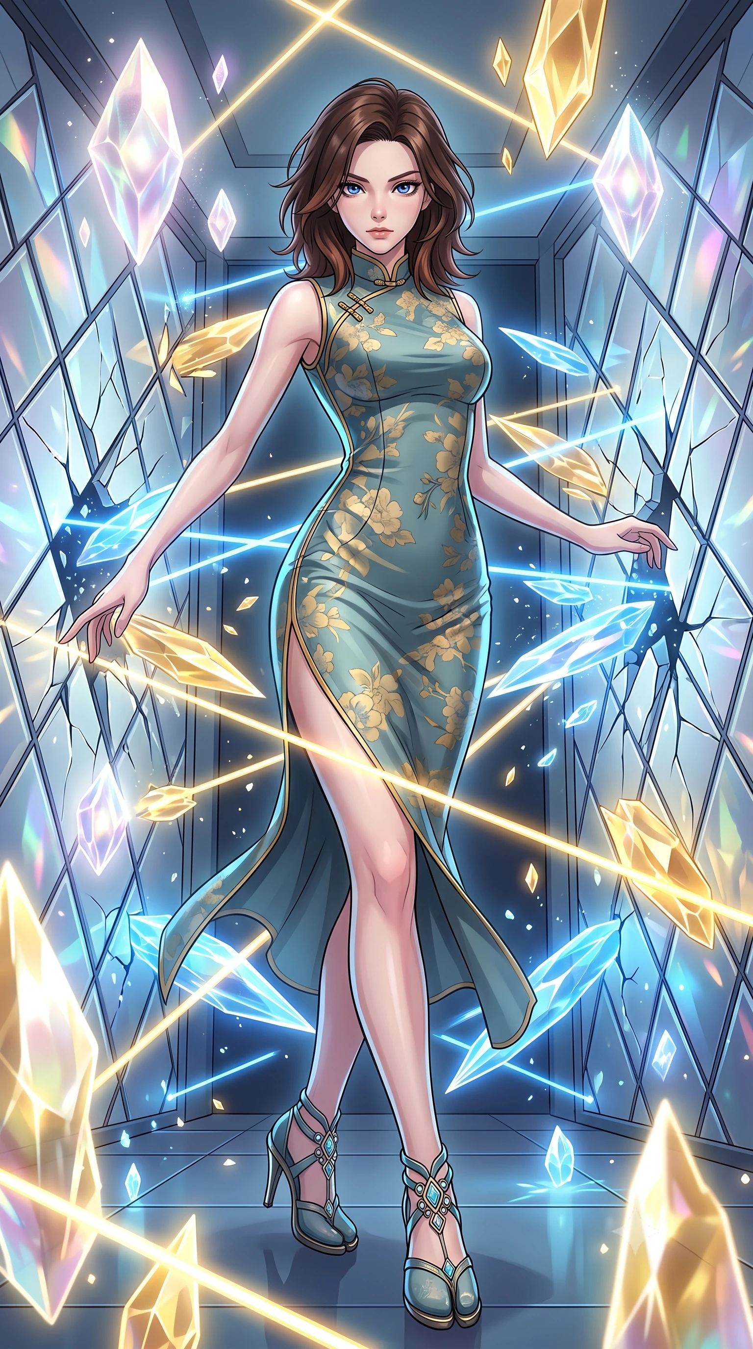 score_9, masterpiece, best quality, ultra-detailed, high-budget anime keyframe, clean line-art, cel-shading, Korean woman. low angle full-body shot from head to toe showing her feet, filling the entire 9:16 vertical frame with her statuesque presence, stretching her vertical silhouette. weaving gracefully through a barrage of glowing obstacles in a blur of motion inside a room lined with diamond walls that are fracturing under high pressure, shooting diamond dust into the air. She has a statuesque 8.5-heads proportion, an exceptionally tall, slender and willowy model-like build with impossibly long legs and a highly sculpted ultra-slim waist. sharp v-shaped jawline, high-bridge nose, intricate jewel-like eyes with depth, thick eyelashes, glossy lips with a natural sheen. wearing tailored for maximum mobility, sleek form-contouring panels that allow fluid movement, a body-hugging modernized qipao-inspired dress in a muted teal and gold floral print with a mandarin collar. ethereal pearlescent light emanating from floating crystalline formations all around. highly saturated vibrant anime colors, intense vivid color palette, volumetric dynamic lighting, 2k, ultra detail, master piece, 9:16 ratio