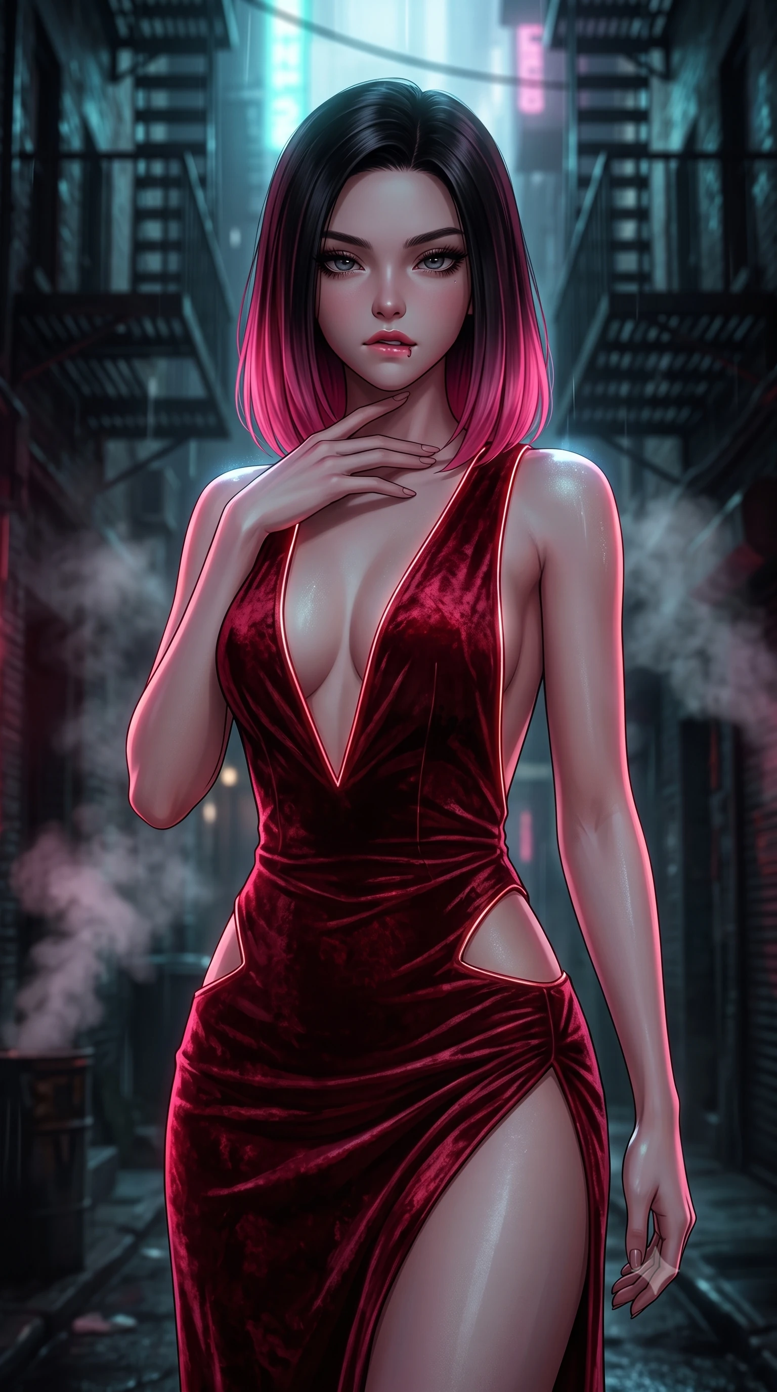 score_9, masterpiece, best quality, ultra-detailed, high-budget anime keyframe, semi-realistic 3D game render, editorial fashion photography, tasteful artistic composition, Korean woman. close-up cowboy shot from the waist and thighs up, the character dominates the composition, filling the frame with her large presence. resting her fingers lightly against her throat while looking down with a smoldering, haughty yet intensely captivating glance while biting her lower lip lightly with an intoxicating, dangerous smolder gazing directly into the lens under wet neon glare. The composition keeps background elements in soft focus with creamy bokeh. dark alleyway fire escapes and rising steam plumes softened in moody shallow focus. She has an exceptionally elegant, slender, and willowy female figure with an ultra-slim waist, a gracefully sculpted slender torso, toned flat midriff, and a refined slim silhouette. sharp v-shaped jawline, high-bridge nose, intricate jewel-like eyes with depth, thick eyelashes, glossy lips with a natural sheen, flawlessly proportioned anatomical accuracy, strict slender model proportions, natural body alignment, perfectly sculpted long slender limbs, ultra-slim waistline, clean dynamic posture without body distortion. wearing a backless deep blood-crimson crushed velvet gown with a deep plunging V-neckline, strategic hip cutouts, and an ultra-high thigh slit in midnight onyx black and deep blood crimson, made of rich crushed velvet that catches deep directional light with soft gradients, accented with glowing fiber-optic seams tracing her collarbones and hip curves in the gloom, the glove-like aerodynamic second-skin fit tightly clinging to her ultra-slender waist and athletic curves without adding bulk, accentuating her razor-sharp statuesque lines and slim hourglass silhouette. surrounded by a dangerous, gritty, and intensely provocative femme-fatale noir aura. rich saturated anime colors with deep moody shadows, detailed chiaroscuro shading with soft gradients, rich glossy textures, high-contrast stereoscopic depth, volumetric dynamic shadow lighting, master piece, 9:16 ratio