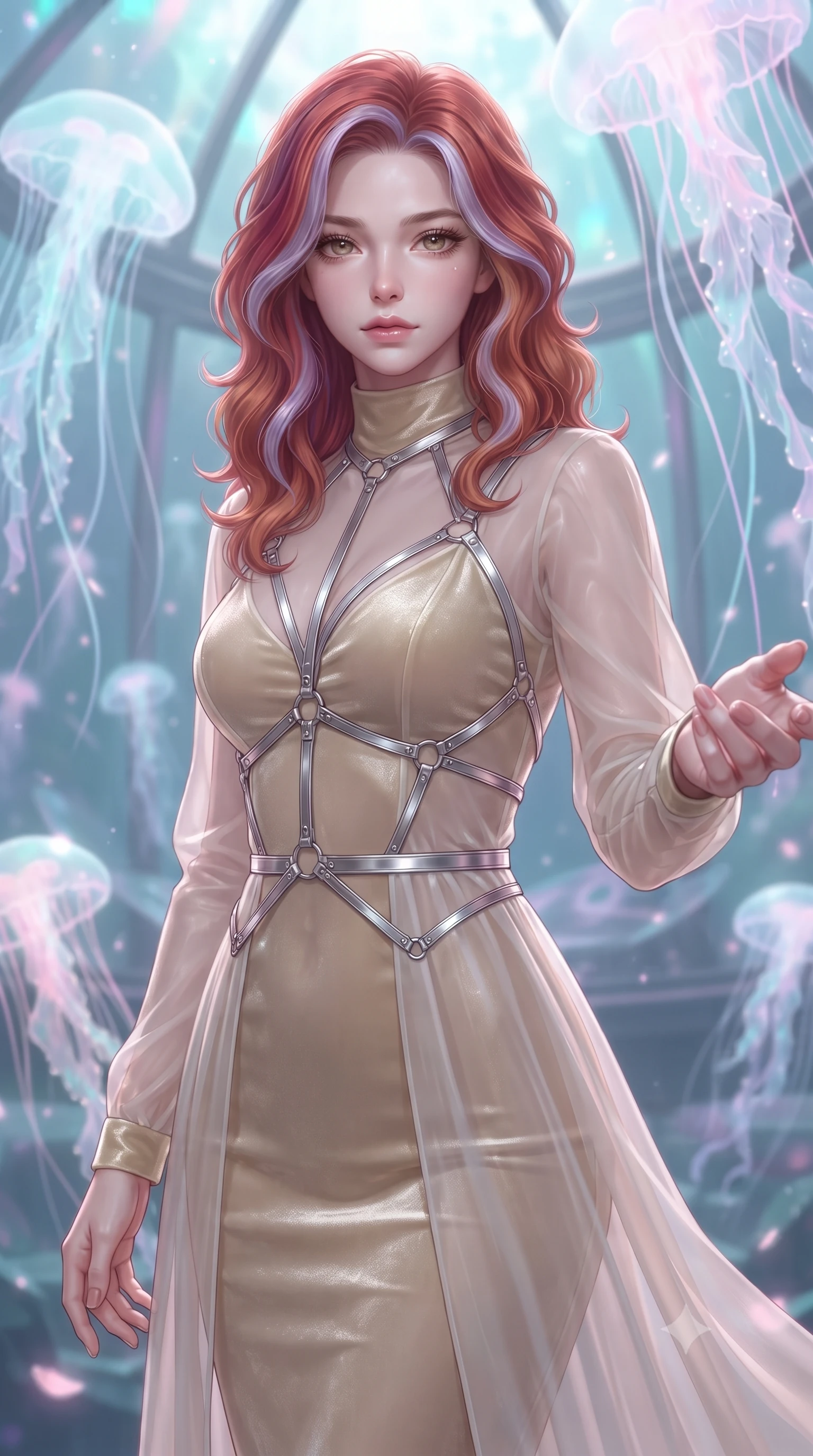 score_9, masterpiece, best quality, ultra-detailed, high-budget anime keyframe, editorial fashion photography, tasteful artistic composition, Caucasian woman. close-up cowboy shot from the waist and thighs up, the character dominates the composition, filling the frame with her large presence, background elements kept in soft focus. Reaching one hand toward the viewer with relaxed elegance, inside a floating glass sanctuary filled with bioluminescent opal jellyfish emitting soft pastel rays, soft opal bioluminescence filtering through delicate translucent tentacles. She has an exceptionally elegant, slender, and willowy female figure with an ultra-slim waist, a gracefully sculpted slender torso, and a refined silhouette. sharp v-shaped jawline, high-bridge nose, intricate jewel-like eyes with depth, thick eyelashes, glossy lips with a natural sheen. wearing floor-length high-neck champagne silk velvet gown with long sleeves in radiant platinum, made of sheer opal chiffon overlay, highlighted by a platinum metallic harness structure, following her slender form with tailored precision. bathed in iridescent cyan and rose-pink light filtering through translucent jellyfish. ultra-reflective glossy finish, specular highlights, metallic sheen, high-contrast stereoscopic depth, volumetric dynamic lighting, 2k, ultra detail, master piece, 9:16 ratio