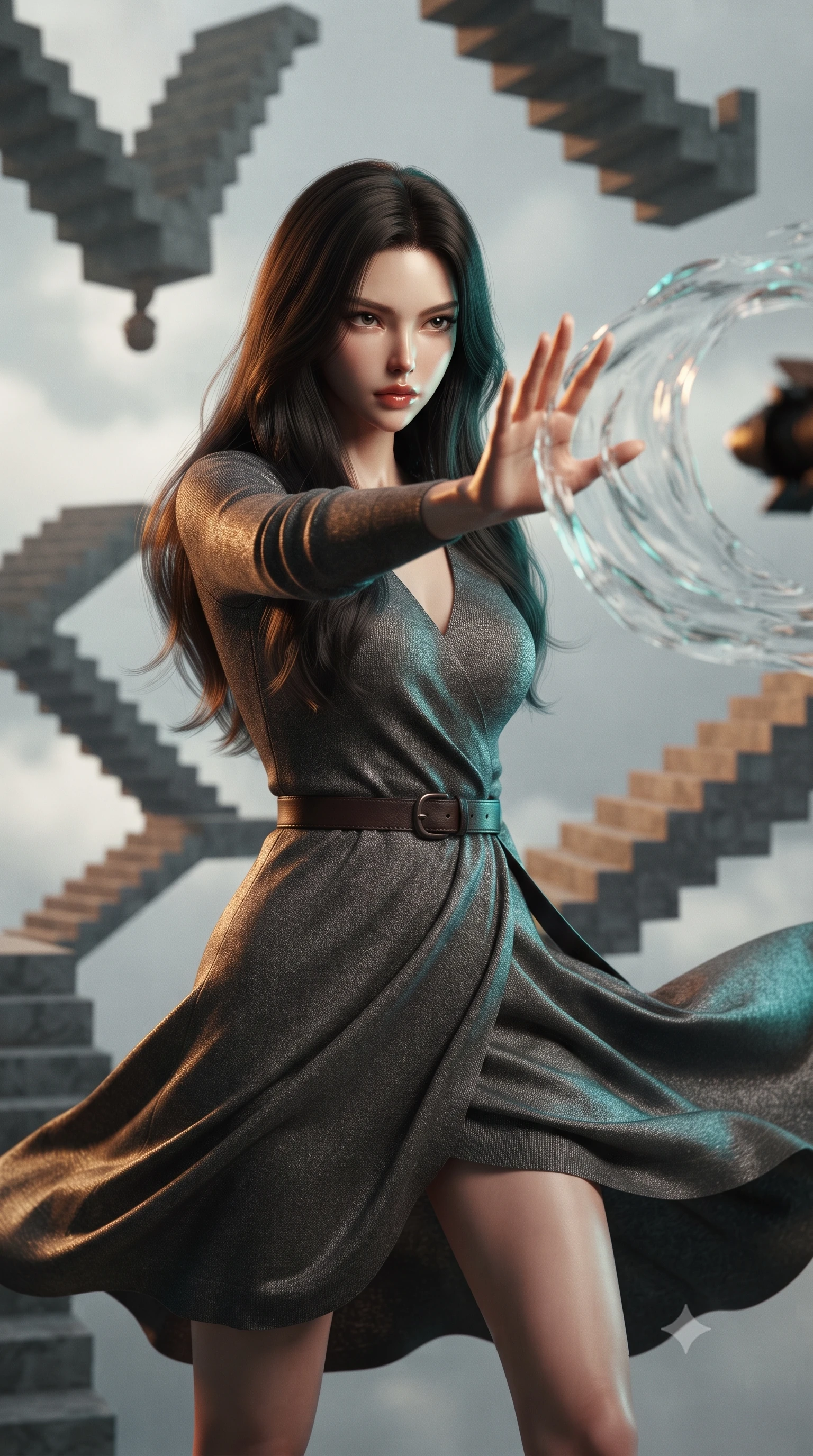 score_9, masterpiece, best quality, ultra-detailed, high-budget anime keyframe, editorial fashion photography, tasteful artistic composition, realistic cosplay photography, Korean woman. close-up cowboy shot from the waist and thighs up, the character dominates the composition, filling the frame with her large presence, background elements kept in soft focus. Unleashing a wave of force with an outstretched hand, her gaze locked on the target. set against a soft-focus background of a surreal dimension of stone staircases crossing at impossible angles, some upside down, suspended in a pale grey sky. She has an exceptionally elegant and slender, willowy female figure with an ultra-slim waist, a gracefully sculpted slender torso, and a refined slim physique. sharp v-shaped jawline, high-bridge nose, intricate jewel-like eyes with depth, thick eyelashes, glossy lips with a natural sheen. wearing the lightweight fabric rippling and billowing dramatically with her movement, a body-hugging charcoal grey wrap-style knit dress in wool, cinched with a dark brown leather belt. warm amber rim lighting combined with cool teal fill light creating dramatic contrast. ultra-reflective glossy finish, specular highlights, metallic sheen, high-contrast stereoscopic depth, volumetric dynamic lighting, 2k, ultra detail, master piece, 9:16 ratio