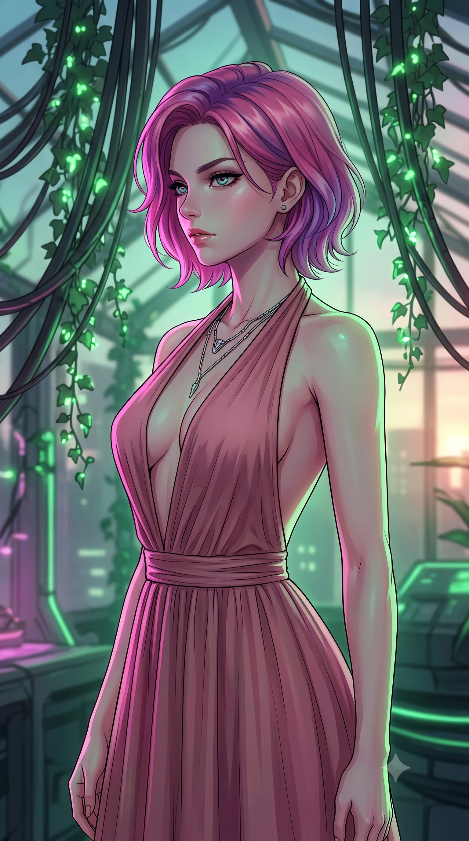 score_9, masterpiece, best quality, ultra-detailed, high-budget anime keyframe, tasteful artistic composition, Caucasian woman. close-up cowboy shot from the waist and thighs up, the character dominates the composition, filling the frame with her large presence, background elements kept in soft focus. turning her face in sharp profile, casting a cold, mysterious, yet intensely alluring side gaze, the background shows a soft-focus a cybernetic greenhouse loft with hanging cables intertwined with glowing digital ivy. She has an exceptionally elegant, slender, and willowy female figure with an ultra-slim waist, a gracefully sculpted slender torso, and a refined silhouette. sharp v-shaped jawline, high-bridge nose, intricate jewel-like eyes with depth, thick eyelashes, glossy lips with a natural sheen. wearing a tailored deep plunging-V neck maxi dress in dusty rose chiffon with a bold halter neck and low-cut back. soft bioluminescent green light blending with neon magenta key light. highly saturated vibrant anime colors, cel-shading, 2d style, master piece, 9:16 ratio