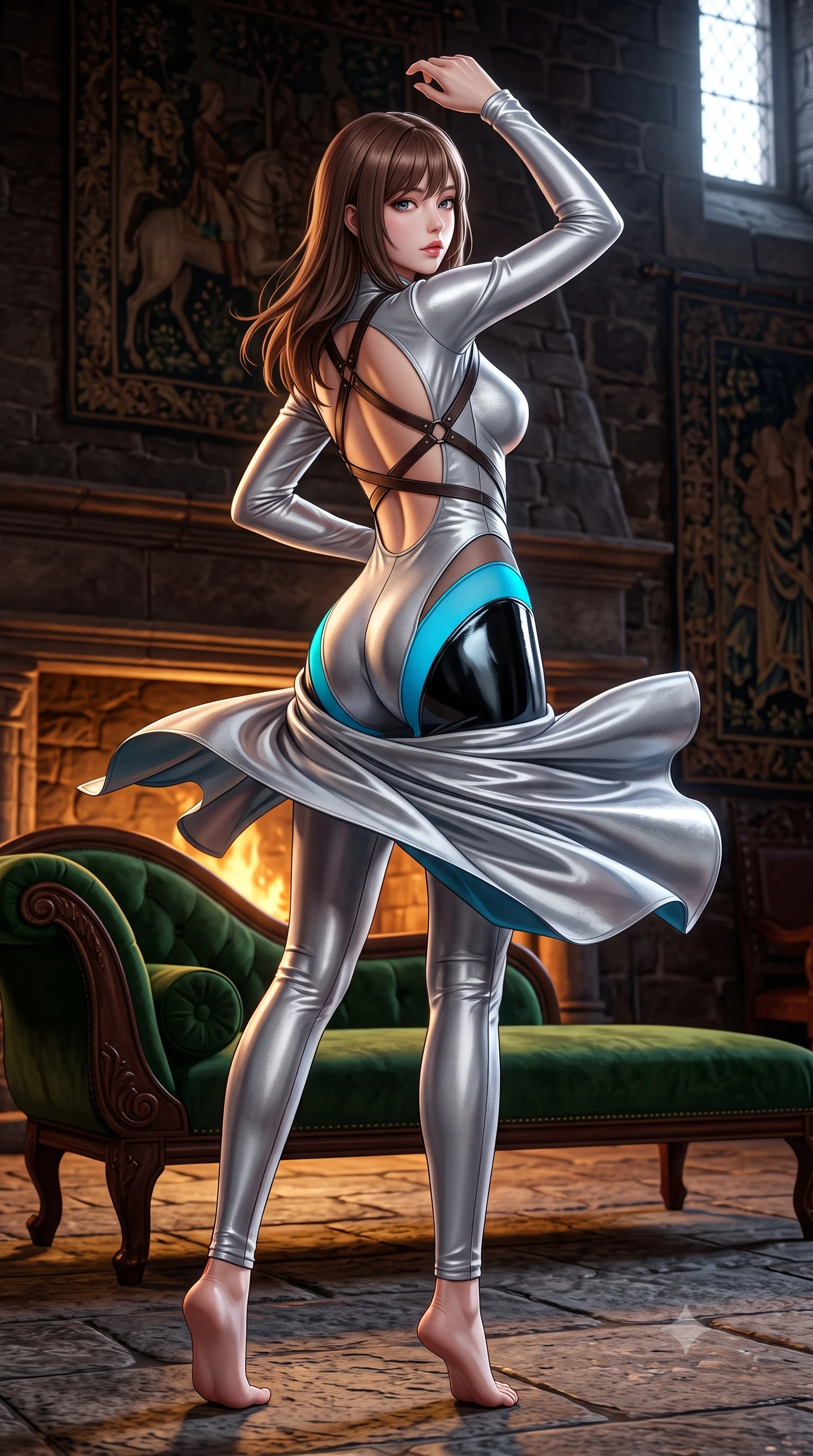 score_9, masterpiece, best quality, ultra-detailed, high-budget anime keyframe, semi-realistic 3D game render, editorial fashion photography, tasteful artistic composition, Korean woman. low angle full-body shot from head to toe showing her feet, filling the entire 9:16 vertical frame with her statuesque presence, stretching her vertical silhouette. executing an elegant mid-motion pivot turn as garments swirl around her slender limbs, glancing over her shoulder with an intoxicating bedroom-gaze while reclining across a deep emerald velvet chaise lounge propped on one elbow, her slender waist and curved hips sculpted by warm hearth fire chiaroscuro. The surrounding environment is rendered in vivid detail and crisp panoramic clarity. rich high-contrast Scottish heritage chiaroscuro and atmospheric ancient fortress romance rendered with precision. She has an exceptionally tall and slender model-like 8.5-heads proportion, an ultra-slim waist, a flat toned midriff, narrow delicate ribcage, and beautifully sculpted feminine hips creating a graceful, slim hourglass silhouette without any bulky heaviness, with impossibly long slender legs. sharp v-shaped jawline, high-bridge nose, intricate jewel-like eyes with depth, thick eyelashes, glossy parted lips with a natural sheen, intensely captivating and seductive bedroom-eyes expression, flawlessly proportioned anatomical accuracy, strict slender model proportions, natural body alignment, perfectly sculpted long slender limbs, ultra-slim waistline, clean dynamic posture without body distortion. wearing a liquid-silver aerodynamic space-couture catsuit with an open scooped back and sheer contouring mesh hip panels in electric cyan and high-gloss lacquer black, crafted from heavyweight crushed silk velvet with liquid vintage luster, featuring an open-back criss-cross harness strap in dark leather, the form-contouring material adhering flawlessly to her sculpted flat midriff and slender torso, emphasizing her long leg lines and perfectly proportioned willowy build. illuminated by crisp directional rim lighting sharply carving her razor-sharp jawline, narrow waist, and curvy hips. highly saturated vibrant anime colors, detailed shading with soft gradients, rich glossy textures, high-contrast stereoscopic depth, volumetric dynamic lighting, master piece, 9:16 ratio