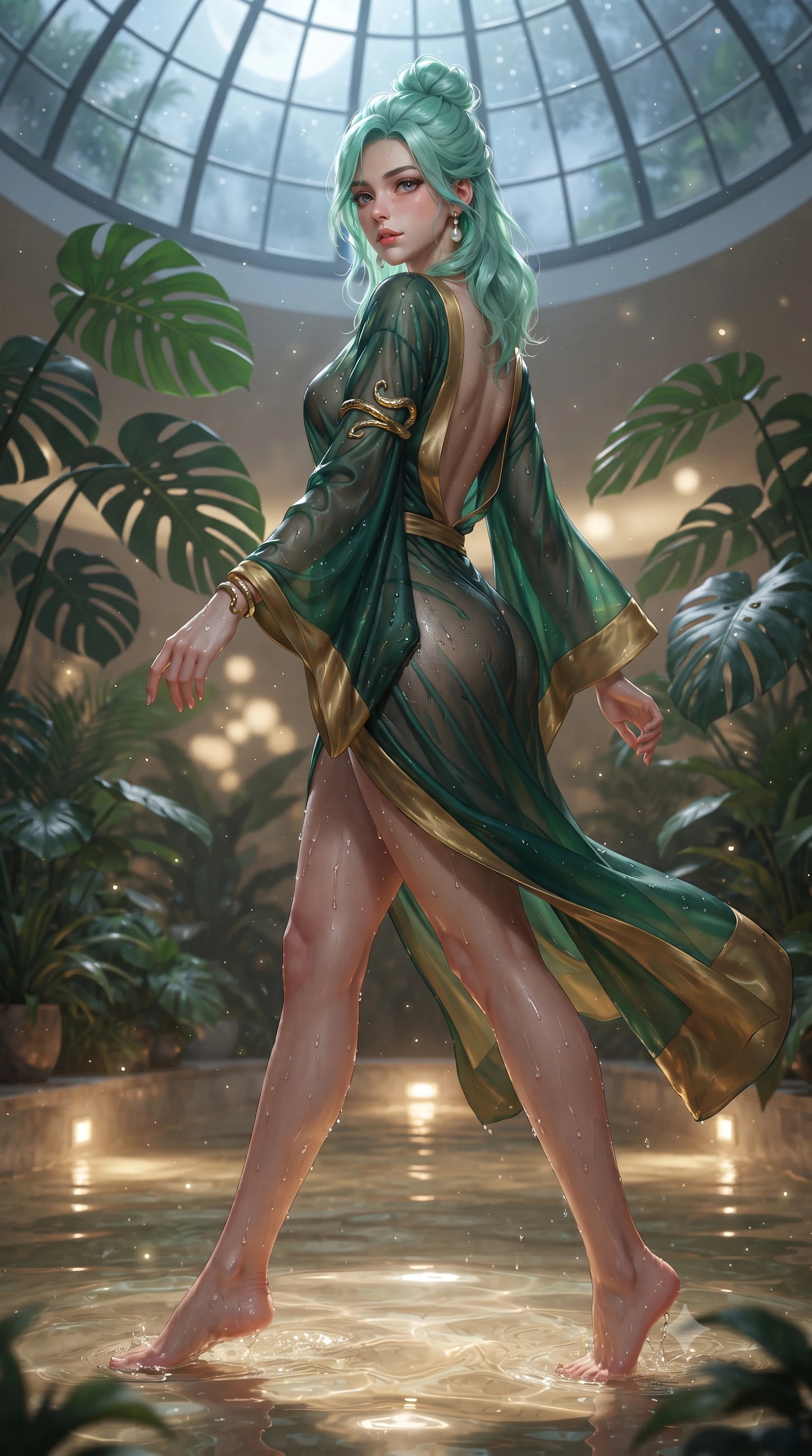 score_9, masterpiece, best quality, ultra-detailed, high-budget anime keyframe, editorial fashion photography, tasteful artistic composition, Japanese woman. low angle full-body shot from head to toe showing her feet, filling the entire 9:16 vertical frame with her statuesque presence, stretching her vertical silhouette. striding forward in a proud supermodel runway stride, hips swaying in an alluring kinetic rhythm that accentuates her curvy hourglass silhouette while wading lightly into the shallow warm botanical pool beneath towering monstera fronds, arching her spine in pure pleasure as water droplets bead on her hips. The composition keeps background elements in soft focus with creamy bokeh. shimmering pool caustics and floating pollen motes scattering ethereal luminescent sparkles. She has an absolutely perfect, statuesque 8.5-heads proportion, an exceptionally tall and slender model-like female figure with impossibly long slender legs, a toned flat midriff, an ultra-slim waist, and beautifully sculpted feminine hips. sharp v-shaped jawline, high-bridge nose, intricate jewel-like eyes with depth, thick eyelashes, glossy parted lips with a natural sheen, intensely captivating and seductive bedroom-eyes expression, flawlessly proportioned anatomical accuracy, strict slender model proportions, natural body alignment, perfectly sculpted long slender limbs, ultra-slim waistline, clean dynamic posture without body distortion. wearing a delicate semi-translucent silk yukata that clings to her wet skin and curvy hip contours in deep emerald green and polished brass gold, made of liquid bamboo jersey adhering seamlessly to her slender frame, complemented by sculpted gold serpent armlets and pearl drop earrings, the dramatically scooped open back descending to the base of her spine, accentuating her razor-sharp statuesque lines and curvy hourglass silhouette. bathed in cool silver moonlight filtering through the glass dome and warm underwater pool uplights. ultra-reflective glossy finish, specular highlights, rich textural contrasts, high-contrast stereoscopic depth, volumetric dynamic lighting, 2k, ultra detail, master piece, 9:16 ratio