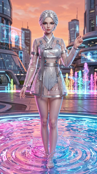 score_9, masterpiece, best quality, ultra-detailed, Set A: Photorealistic 8k CG, Japanese woman. Upper body close-up from the thighs up, character filling the screen for maximum presence. Standing in a fountain of colorful liquid in a futuristic plaz