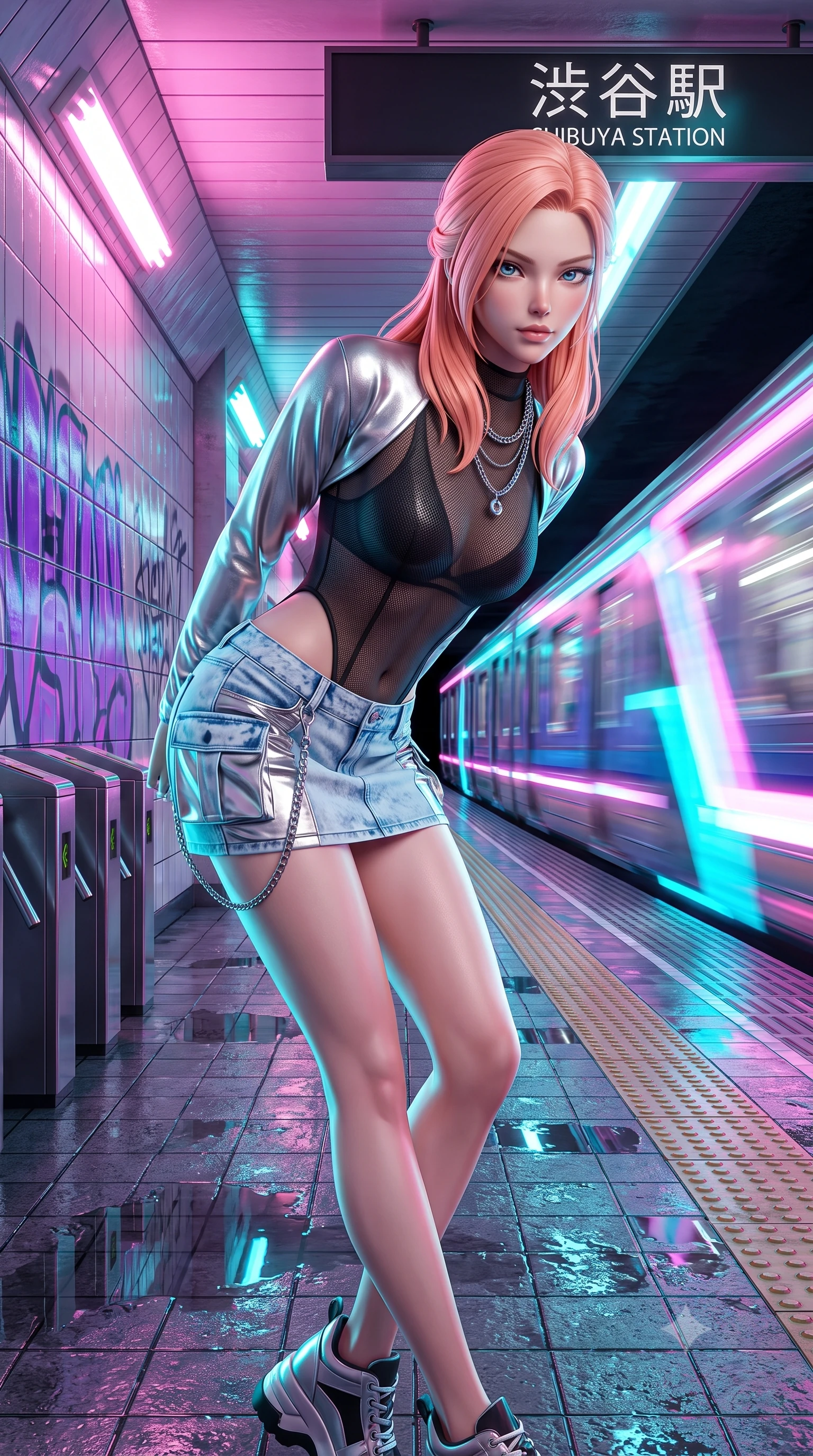 score_9, masterpiece, best quality, ultra-detailed, high-budget anime keyframe, semi-realistic 3D game render, editorial fashion photography, tasteful artistic composition, Japanese woman. close-up cowboy shot from the waist and thighs up, the character dominates the composition, filling the frame with her large presence. leaning forward with playful, captivating grace, her sculpted collarbones and slender neckline highlighted by directional light while pivoting sharply on the wet tiled subway platform as an incoming neon-lit maglev train rushes past in a blur of light. The surrounding environment is rendered in vivid detail and crisp panoramic clarity. intricate ultraviolet graffiti lettering, reflective tiled walls, and metallic turnstile textures in deep focus. She has an exceptionally elegant, slender, and willowy female figure with an ultra-slim waist, a gracefully sculpted slender torso, toned flat midriff, and a refined slim silhouette. sharp v-shaped jawline, high-bridge nose, intricate jewel-like eyes with depth, thick eyelashes, glossy lips with a natural sheen, captivating and magnetic expression, flawlessly proportioned anatomical accuracy, strict slender model proportions, natural body alignment, perfectly sculpted long slender limbs, ultra-slim waistline, clean dynamic posture without body distortion. wearing a futuristic sheer mesh bodysuit layered under a metallic silver shrug bolero and micro cargo skirt in acid-wash light denim blue and silver chrome, made of breathable technical athletic mesh and liquid-finish track nylon, accessorized with bold platform sneakers and silver chain choker, the form-contouring material adhering flawlessly to her sculpted flat midriff and slender torso, emphasizing her long leg lines and perfectly proportioned willowy build. bathed in high-contrast dual lighting of neon pink floodlights and electric cyan underlights. highly saturated vibrant anime colors, detailed shading with soft gradients, rich glossy textures, high-contrast stereoscopic depth, volumetric dynamic lighting, master piece, 9:16 ratio
