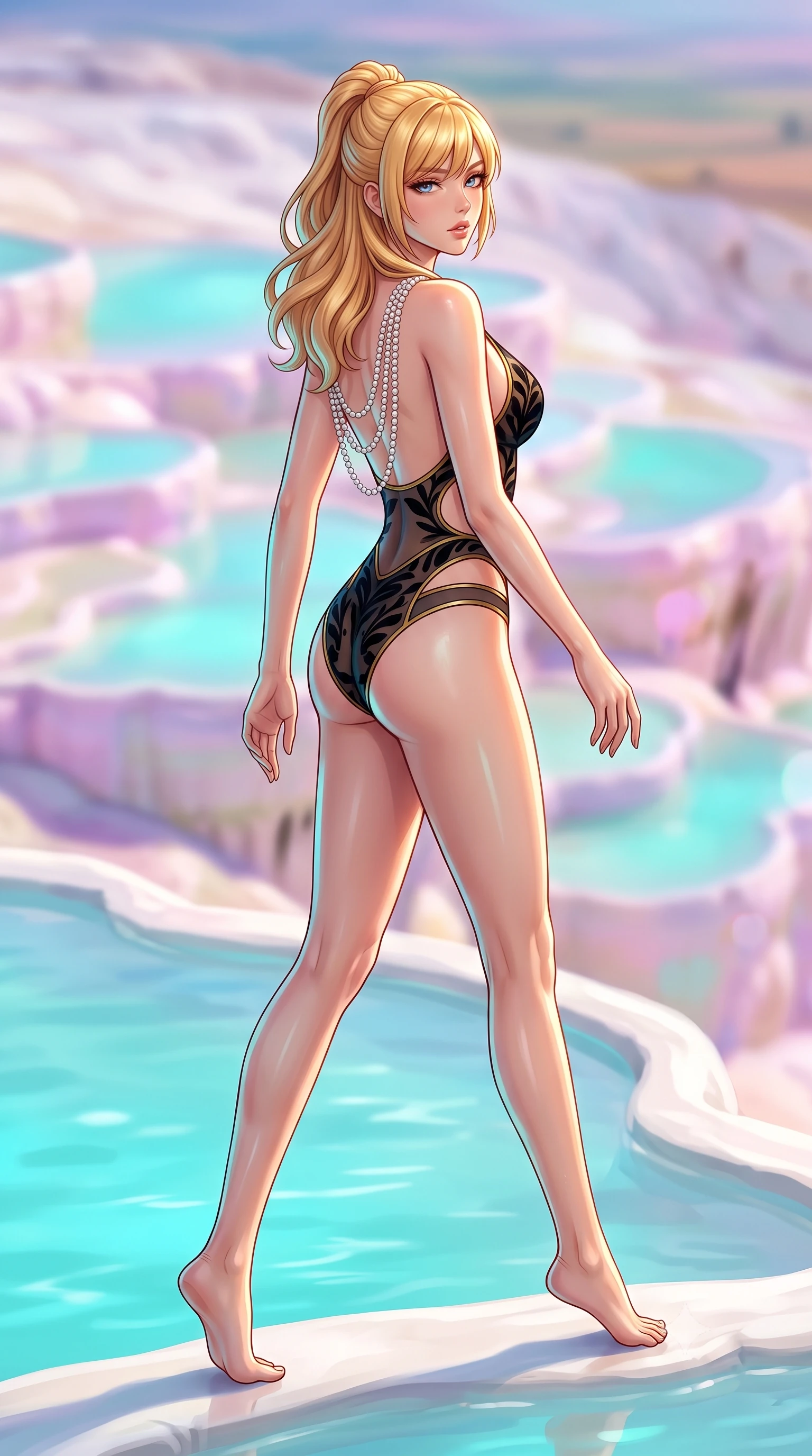 score_9, masterpiece, best quality, ultra-detailed, high-budget anime keyframe, semi-realistic 3D game render, editorial fashion photography, tasteful artistic composition, Caucasian woman. low angle full-body shot from head to toe showing her feet, filling the entire 9:16 vertical frame with her statuesque presence, stretching her vertical silhouette. striding forward in a proud supermodel runway stride, hips swaying in an alluring kinetic rhythm that accentuates her curvy hourglass silhouette while sitting on the smooth calcified white mineral rim with legs crossed, looking over her bare shoulder with sun-dazed, seductive bedroom-eyes. The composition keeps background elements in soft focus with creamy bokeh. cascading tiered milky-cyan mineral pools and vast Anatolian plains blurred into pastel pink, lavender, and opalescent turquoise bokeh. She has an exceptionally tall and slender model-like 8.5-heads proportion, an ultra-slim waist, a flat toned midriff, narrow delicate ribcage, and beautifully sculpted feminine hips creating a graceful, slim hourglass silhouette without any bulky heaviness, with impossibly long slender legs. sharp v-shaped jawline, high-bridge nose, intricate jewel-like eyes with depth, thick eyelashes, glossy parted lips with a natural sheen, intensely captivating and seductive bedroom-eyes expression, flawlessly proportioned anatomical accuracy, strict slender model proportions, natural body alignment, perfectly sculpted long slender limbs, ultra-slim waistline, clean dynamic posture without body distortion. wearing a botanical cutout monokini with organic leaf-curve side openings and high-cut hip bands in midnight obsidian black and liquid gold, made of sheer contouring power-mesh with velvet flocking patterns, accented with a multi-strand pearl back necklace cascading down her bare spine to her hips, the glove-like aerodynamic silhouette tightly following the natural contour of her hips and long slender legs with statuesque 8.5-heads elegance. illuminated by luminous turquoise water reflections sharply carving her razor-sharp jawline, narrow waist, and curvy hips. highly saturated vibrant anime colors, detailed shading with soft gradients, rich glossy textures, high-contrast stereoscopic depth, volumetric dynamic lighting, master piece, 9:16 ratio