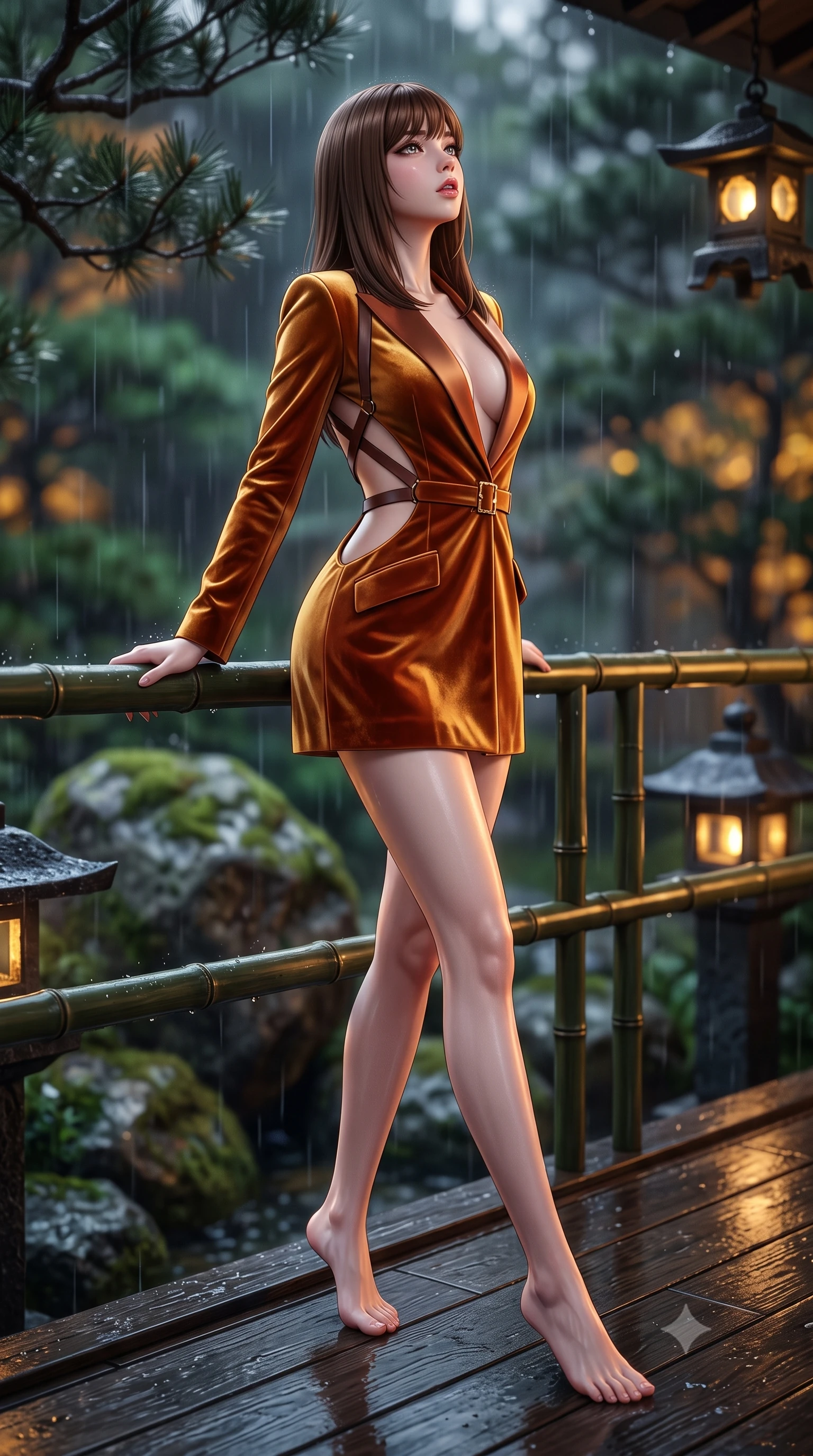 score_9, masterpiece, best quality, ultra-detailed, high-budget anime keyframe, semi-realistic 3D game render, editorial fashion photography, tasteful artistic composition, Korean woman. low angle full-body shot from head to toe showing her feet, filling the entire 9:16 vertical frame with her statuesque presence, stretching her vertical silhouette. striding forward in a proud supermodel runway stride, hips swaying in an alluring kinetic rhythm that accentuates her curvy hourglass silhouette while leaning against the dark bamboo veranda railing with lower back arched, gazing into the raindrops with parted glossy lips. The composition keeps background elements in soft focus with creamy bokeh. rain-slicked mossy boulders and dark pine branches blurred into deep emerald, warm amber, and charcoal-rain bokeh. She has an exceptionally tall and slender model-like 8.5-heads proportion, an ultra-slim waist, a flat toned midriff, narrow delicate ribcage, and beautifully sculpted feminine hips creating a graceful, slim hourglass silhouette without any bulky heaviness, with impossibly long slender legs. sharp v-shaped jawline, high-bridge nose, intricate jewel-like eyes with depth, thick eyelashes, glossy parted lips with a natural sheen, intensely captivating and seductive bedroom-eyes expression, flawlessly proportioned anatomical accuracy, strict slender model proportions, natural body alignment, perfectly sculpted long slender limbs, ultra-slim waistline, clean dynamic posture without body distortion. wearing a tailored velvet tuxedo jacket dress with satin lapels, worn with a deep plunge neckline and gold hip buckle in molten desert gold and burnt terracotta, crafted from heavyweight crushed silk velvet with liquid vintage luster, featuring an open-back criss-cross harness strap in dark leather, the precision-cut side openings and low-back scoop framing her graceful spine and the sensual sweep of her slim, toned hips. bathed in soft rain-drenched cool ambient daylight and warm golden stone lantern downlights. highly saturated vibrant anime colors, detailed shading with soft gradients, rich glossy textures, high-contrast stereoscopic depth, volumetric dynamic lighting, master piece, 9:16 ratio