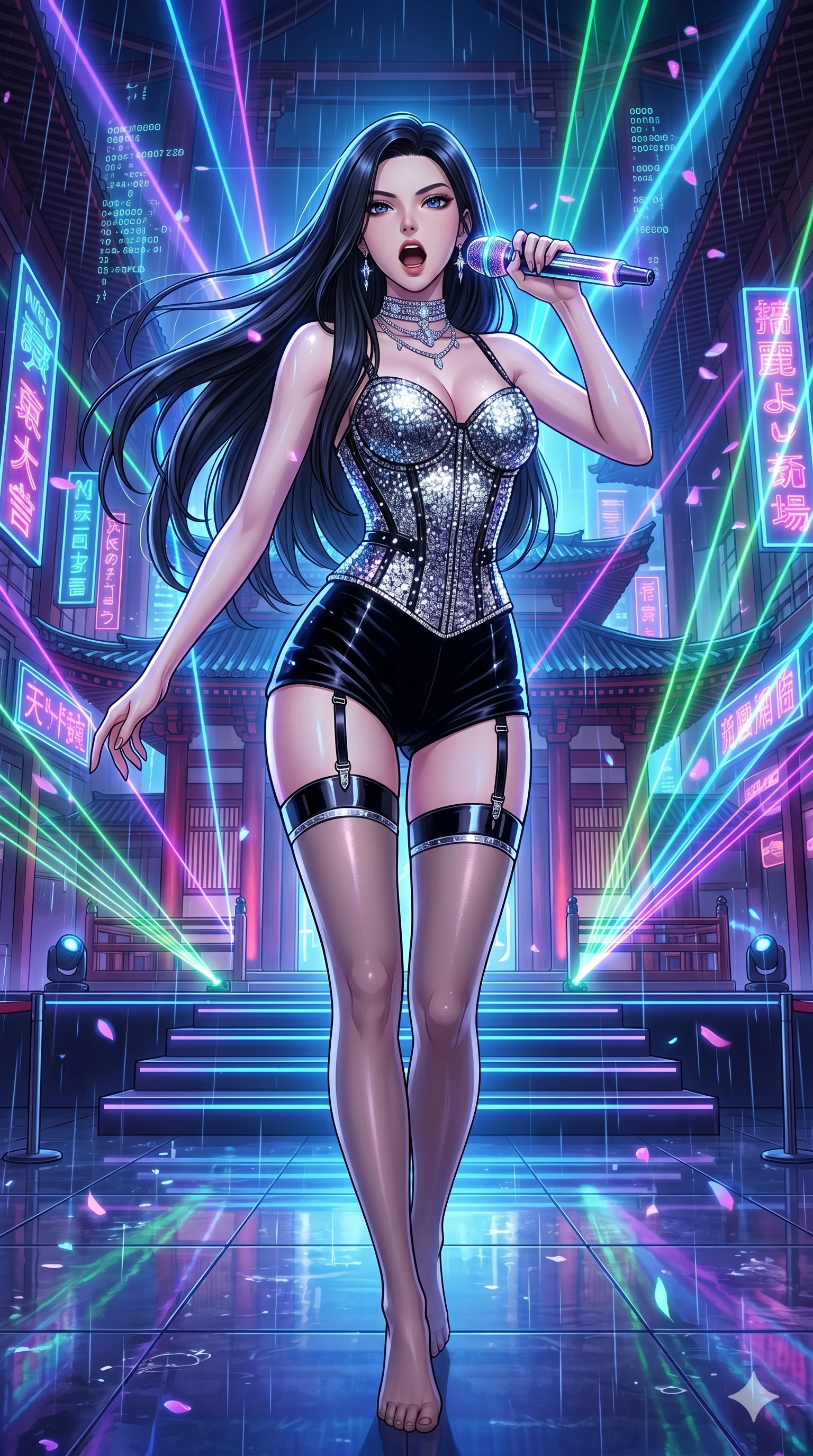 score_9, masterpiece, best quality, ultra-detailed, high-budget anime movie keyframe, cinematic anime lighting, intricate line art, Caucasian (strictly human ears) woman. Low angle cowboy shot filling the entire 9:16 frame with her statuesque presence. singing on a laser stage in a cyber-temple in Neo-Tokyo with holographic rain. She has an absolutely perfect 8-heads proportion, an exceptionally tall and slender female figure with an ultra-slim waist and impossibly long slender legs. sharp v-shaped jawline, high-bridge nose, intricate jewel-like eyes, thick eyelashes, glossy lips. Wearing luxurious K-pop idol stage outfit featuring a sparkling sequined corset, high-cut velvet shorts, and sheer silk stockings with garter belts, accessorized with crystal chokers. The scene is illuminated by dramatic atmospheric lighting and vibrant color palettes. , 2k, ultra detail, master piece, 9:16 ratio