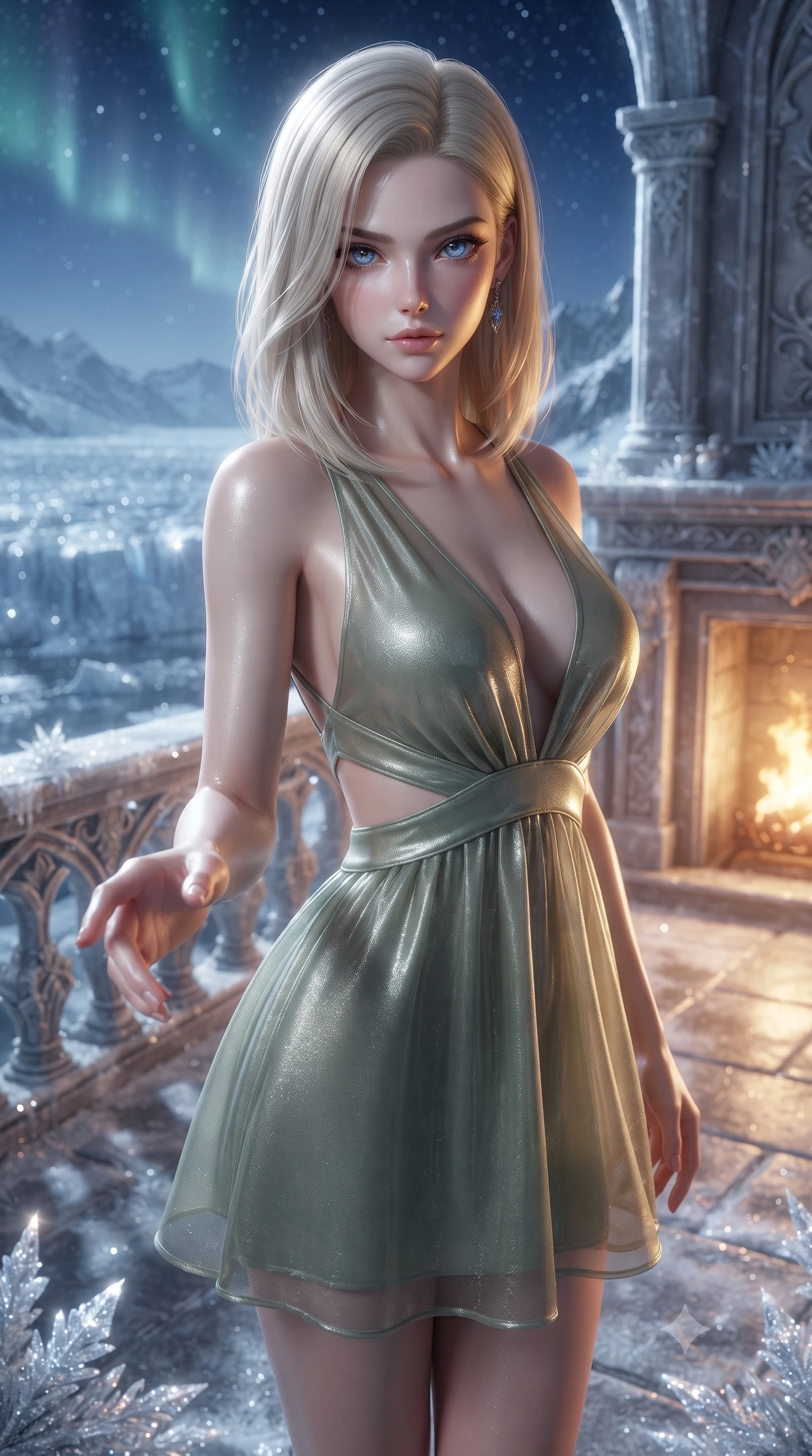 score_9, masterpiece, best quality, ultra-detailed, high-budget anime keyframe, editorial fashion photography, tasteful artistic composition, Caucasian woman. close-up cowboy shot from the waist and thighs up, the character dominates the composition, filling the frame with her large presence, background elements kept in soft focus. Reaching one hand gracefully toward the viewer with effortless superiority and allure poised on a frost-carved terrace overlooking a vast glittering glacier at midnight, glistening frost crystals on architecture scattering silver and sapphire light. She has an exceptionally elegant, slender, and willowy female figure with an ultra-slim waist, a gracefully sculpted slender torso, and a refined silhouette. sharp v-shaped jawline, high-bridge nose, intricate jewel-like eyes with depth, thick eyelashes, glossy lips with a natural sheen. wearing a liquid mercury gloss mini dress with ultra-deep V-neck and waist cutouts in sage green and oatmeal, woven from fine semi-opaque sheer organza, complemented by criss-cross back straps highlighting her bare shoulders, the elegant draped fit framing her graceful clavicle and slender torso. illuminated by warm golden hearth fire contrasting against icy silver highlights. ultra-reflective glossy finish, specular highlights, metallic sheen, high-contrast stereoscopic depth, volumetric dynamic lighting, 2k, ultra detail, master piece, 9:16 ratio