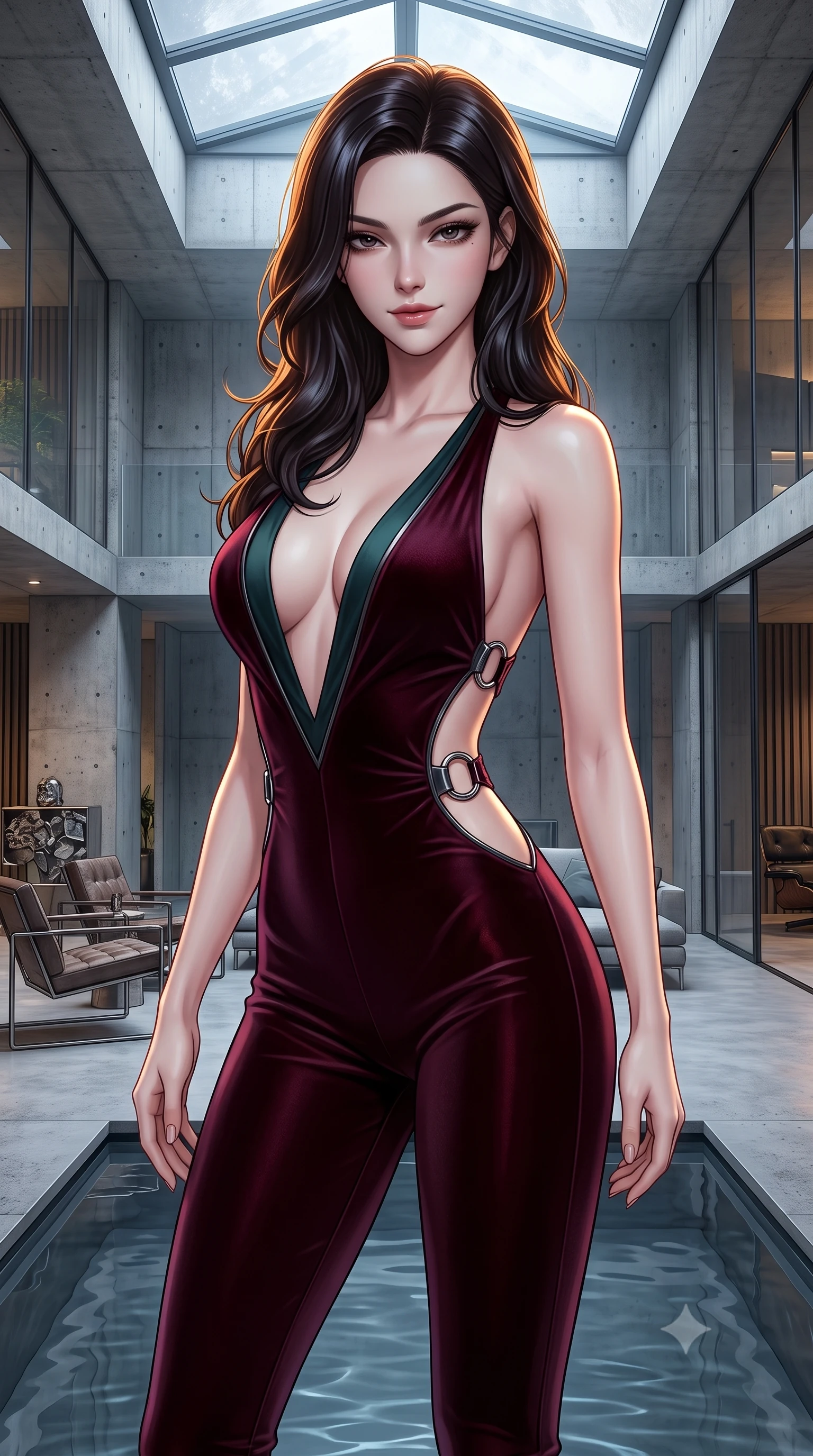 score_9, masterpiece, best quality, ultra-detailed, high-budget anime keyframe, semi-realistic 3D game render, editorial fashion photography, tasteful artistic composition, Korean woman. close-up cowboy shot from the waist and thighs up, the character dominates the composition, filling the frame with her large presence. turning slowly with a smoldering smile, her glossy dark hair catching the amber chandelier rim light as her hips angle gracefully in a captivating contrapposto while standing poised in the center of the shallow reflection basin with hips cocked back, casting an ethereal, dangerous bedroom-gaze toward the camera. The surrounding environment is rendered in vivid detail and crisp panoramic clarity. detailed evening dress drape, moonlight sheen on skin, and modern brutalist-luxury chamber clarity in high resolution. She has an exceptionally elegant, slender, and willowy female figure with an ultra-slim waist, flat toned midriff, narrow ribcage, and sculpted feminine hips creating an alluring, slim hourglass silhouette without bulk. sharp v-shaped jawline, high-bridge nose, intricate jewel-like dark sparkling eyes with dangerous depth, thick curled eyelashes, glossy parted lips with a rich wine sheen, smoldering seductive half-smile with bedroom-eyes, exuding effortless superiority and intoxicating dark allure, flawlessly proportioned anatomical accuracy, strict slender model proportions, natural body alignment, perfectly sculpted long slender limbs, ultra-slim waistline, clean dynamic posture without body distortion. wearing a second-skin dark burgundy stretch-velvet jumpsuit with a plunging neckline and open back in deep forest teal and dark gunmetal, made of liquid-tight stretch jersey emphasizing every curve of her body, accented with sculptural chrome hardware rings framing the subtle cutouts, the precision-cut side openings and low-back scoop framing her graceful spine and the sensual sweep of her slim, toned hips. bathed in cold silvery moonlight filtered from a dramatic high skylight opening. highly saturated vibrant anime colors, detailed shading with soft gradients, rich glossy textures, high-contrast stereoscopic depth, volumetric dynamic lighting, master piece, 9:16 ratio