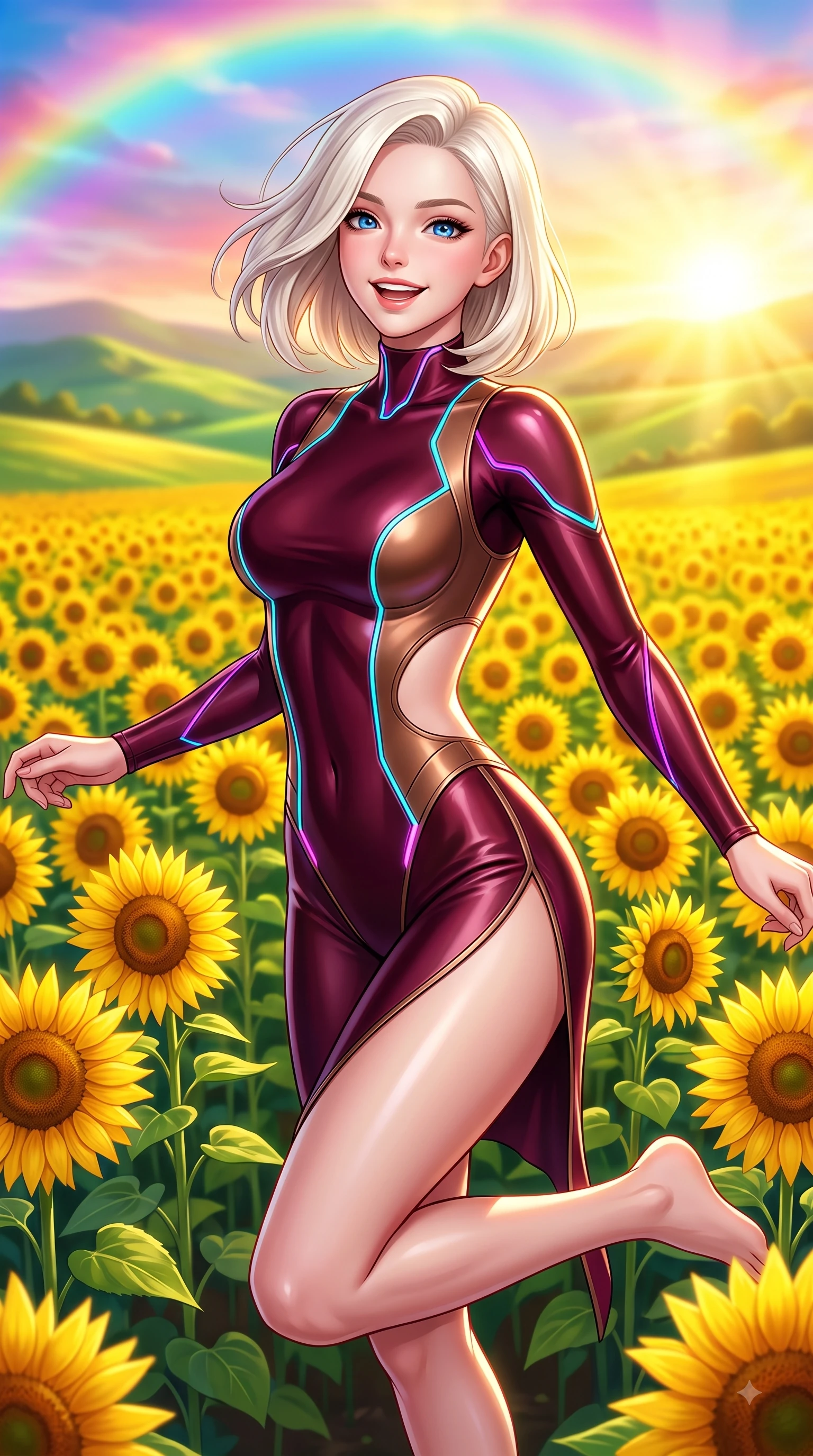 score_9, masterpiece, best quality, ultra-detailed, high-budget anime keyframe, editorial fashion photography, tasteful artistic composition, Caucasian woman. close-up cowboy shot from the waist and thighs up, the character dominates the composition, filling the frame with her large presence, background elements kept in soft focus. Cheerful beaming smile with parted lips, exuding pure enchanting charm while turning dynamically toward the camera while leaping with pure joy across a endless field of blooming golden sunflowers under a rainbow sky, a sweeping vista of rolling green hills glowing in warm bright sunlight. She has an exceptionally elegant, slender, and willowy female figure with an ultra-slim waist, a gracefully sculpted slender torso, and a refined silhouette. sharp v-shaped jawline, high-bridge nose, intricate jewel-like eyes with depth, thick eyelashes, glossy lips with a natural sheen, flawlessly proportioned anatomical accuracy, natural body alignment, perfectly sculpted elegant limbs, clean dynamic posture without body distortion. wearing a skin-tight cybernetic bodysuit with glowing neon seams and side cutouts in deep burgundy and bronze, crafted from smooth liquid silk, finished with a sleek side slit ascending to mid-thigh, the elegant draped fit framing her graceful clavicle and slender torso. bathed in brilliant sunny morning light and warm golden meadow sunbursts. highly saturated vibrant anime colors, detailed shading with soft gradients, rich glossy textures, high-contrast stereoscopic depth, volumetric dynamic lighting, master piece, 9:16 ratio