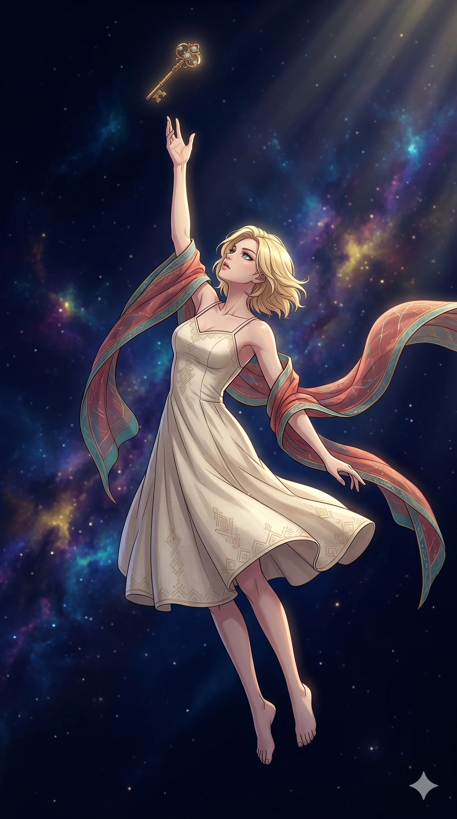 score_9, masterpiece, best quality, ultra-detailed, high-budget anime movie keyframe, cinematic anime lighting, intricate line art, Japanese woman. Mid-air action shot capturing a graceful twist and vertical silhouette. reaching for a key that is floating in a void of silence. She has an graceful and slender female figure with elegant proportions. strictly human anatomy, two legs only, no extra limbs, clearly defined legs and arms, well-defined anatomy, perfect hands and fingers. sharp v-shaped jawline, high-bridge nose, intricate jewel-like eyes, thick eyelashes, glossy lips. Wearing Seasonal/Resort: Elegant linen sundress with a light shawl and stylish resort wear. The scene is illuminated by dramatic atmospheric lighting and vibrant color palettes. , 2k, ultra detail, master piece, 9:16 ratio