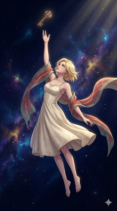 score_9, masterpiece, best quality, ultra-detailed, high-budget anime movie keyframe, cinematic anime lighting, intricate line art, Japanese woman. Mid-air action shot capturing a graceful twist and vertical silhouette. reaching for a key that is flo