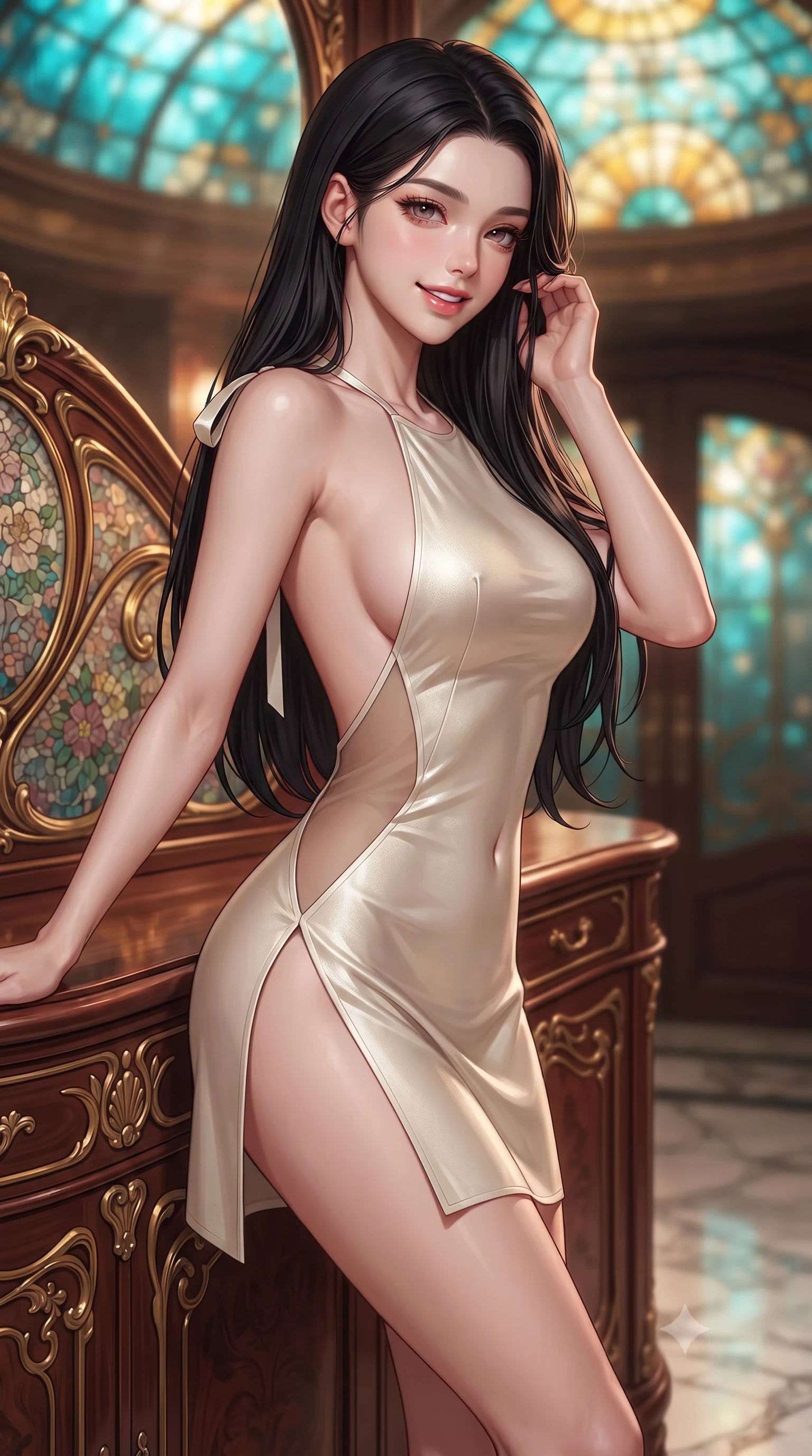 score_9, masterpiece, best quality, ultra-detailed, high-budget anime keyframe, editorial fashion photography, tasteful artistic composition, Korean woman. close-up cowboy shot from the waist and thighs up, the character dominates the composition, filling the frame with her large presence. gently brushing a lock of hair behind her ear while casting a playful, flirtatious side-gaze with long eyelashes while leaning against the curving carved mahogany salon credenza with hips cocked back, looking through amber stained glass with intoxicating bedroom-eyes. The background shows a soft-focus sinuous gilded Art Nouveau whiplash curves, floral mosaic murals, and glowing stained-glass dome panels blurred into turquoise, gold, and jade bokeh. She has an exceptionally elegant, slender, and willowy female figure with an ultra-slim waist, flat toned midriff, narrow ribcage, and sculpted feminine hips creating an alluring, slim hourglass silhouette without bulk. sharp v-shaped jawline, high-bridge nose, intricate jewel-like sparkling eyes with depth, thick eyelashes, glossy parted lips with a natural peach sheen, bright cheerful beaming smile with an enchanting and coquettish sensual glint, exuding both youthful cute charm and seductive allure, flawlessly proportioned anatomical accuracy, strict slender model proportions, natural body alignment, perfectly sculpted long slender limbs, ultra-slim waistline, clean dynamic posture without body distortion. wearing a provocative backless halterneck silk lamé mini dress with deep scoop back down to her lower spine and thigh-high slit in Belvedere ivory pearl and Habsburg bordeaux wine, featuring strategic sheer-illusion tulle side panels framing her ribcage and hips, finished with satin ribbon ties at the shoulders fluttering in the gentle breeze, the high-slit wrap tailoring accentuating her ultra-slim waistline and the enchanting curve of her feminine hips with alluring seductive charm. illuminated by marble floor reflection bounce and sharp rose-gold rim lights sculpting her jawline, narrow waist, and curvy hips. ultra-reflective glossy finish, specular highlights, rich textural contrasts, high-contrast stereoscopic depth, volumetric dynamic lighting, 2k, ultra detail, master piece, 9:16 ratio