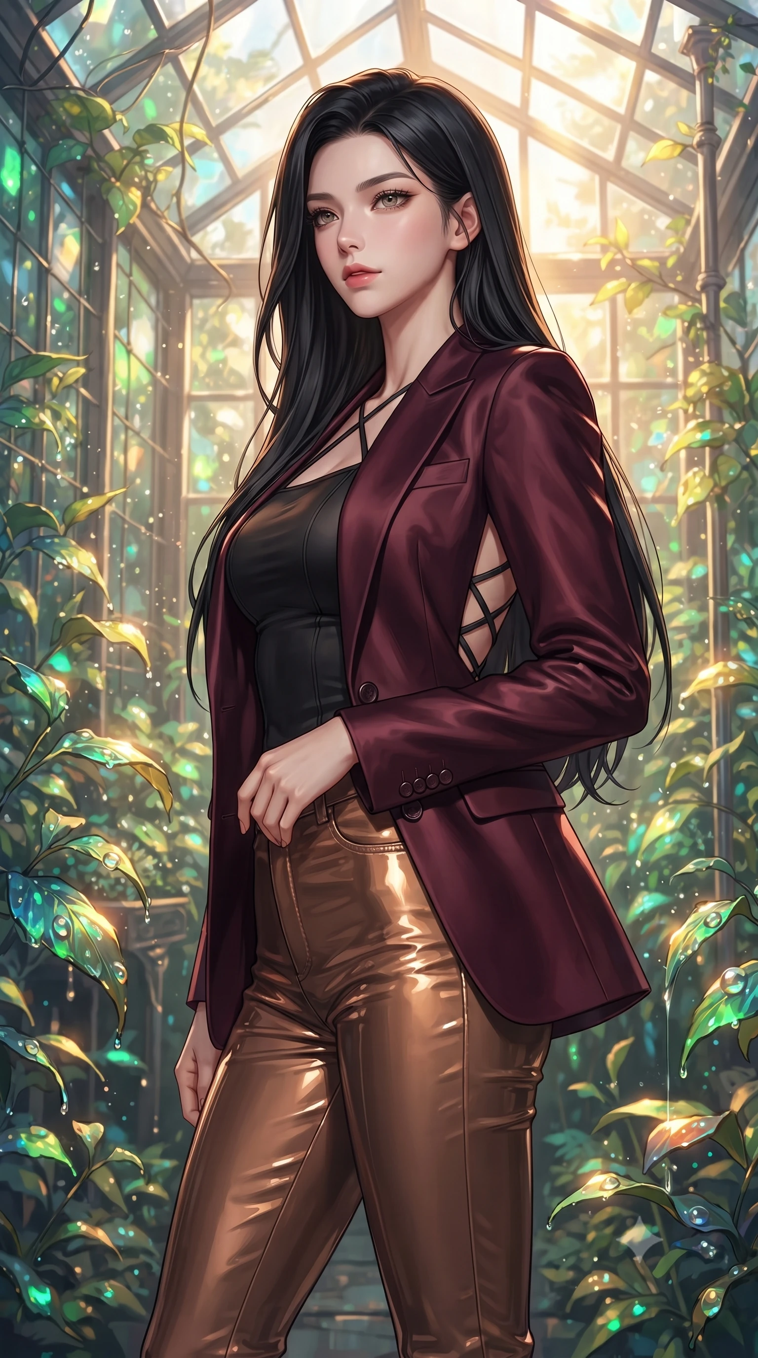 score_9, masterpiece, best quality, ultra-detailed, high-budget anime keyframe, editorial fashion photography, tasteful artistic composition, Korean woman. close-up cowboy shot from the waist and thighs up, the character dominates the composition, filling the frame with her large presence, background elements kept in soft focus. Gazing past the camera with an air of effortless elegance and mysterious confidence forging through an overgrown greenhouse filled with platinum wire lattices, dewdrops on bioluminescent leaves reflecting vibrant emerald and gold. She has an exceptionally elegant, slender, and willowy female figure with an ultra-slim waist, a gracefully sculpted slender torso, and a refined silhouette. sharp v-shaped jawline, high-bridge nose, intricate jewel-like eyes with depth, thick eyelashes, glossy lips with a natural sheen. wearing a tailored silk blazer over a form-contouring top and fitted slacks in deep burgundy and bronze, tailored from high-gloss patent leather, complemented by criss-cross back straps highlighting her bare shoulders, the tailored fabric tightly following every curve of her athletic build. lit by warm golden-hour rays cascading through crystalline glass panes. ultra-reflective glossy finish, specular highlights, metallic sheen, high-contrast stereoscopic depth, volumetric dynamic lighting, 2k, ultra detail, master piece, 9:16 ratio