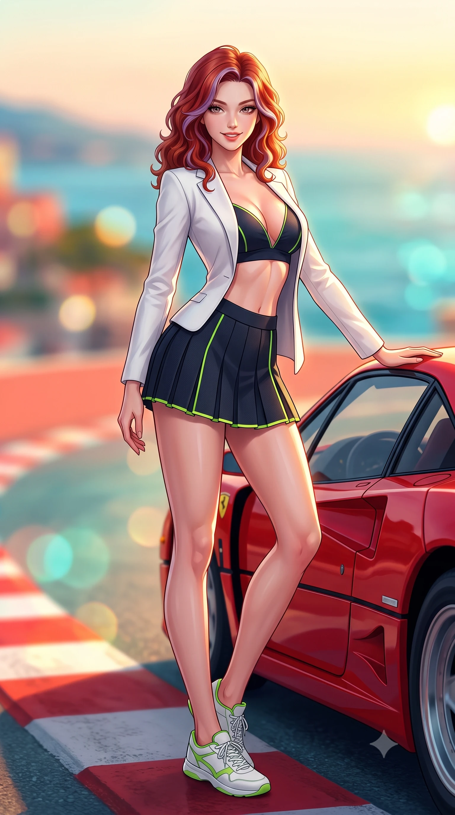 score_9, masterpiece, best quality, ultra-detailed, high-budget anime keyframe, semi-realistic 3D game render, editorial fashion photography, tasteful artistic composition, Caucasian woman. low angle full-body shot from head to toe showing her feet, filling the entire 9:16 vertical frame with her statuesque presence, stretching her vertical silhouette. standing in a tall, confident posture with one hand on the sports car roof, stretching her statuesque body as she arches her lower back to emphasize her sculpted feminine hips and slender waist while twisting her slender torso in an alluring S-curve as Mediterranean sunset rays trace her form-fitting athletic outfit and curvy hips. The background shows a soft-focus the iconic red-and-white curbs of the tight Fairmont Hairpin and the Mediterranean sea beyond blurred into coral, turquoise, and gold bokeh. She has an absolutely perfect, statuesque 8.5-heads proportion, an exceptionally tall and slender model-like female figure with impossibly long slender legs, an ultra-slim waist, a flat toned midriff, narrow delicate ribcage, and beautifully sculpted feminine hips creating a graceful, slim hourglass silhouette without any bulky heaviness. sharp v-shaped jawline, high-bridge nose, sparkling eyes with athletic focus and depth, thick curled eyelashes, glossy parted lips with a natural coral-peach sheen, bright confident and coquettish smile with alluring bedroom-eyes, exuding both youthful sporty vigor and sovereign high-society glamour, flawlessly proportioned anatomical accuracy, strict slender model proportions, natural body alignment, perfectly sculpted long slender limbs, ultra-slim waistline, clean dynamic posture without body distortion. wearing a tailored white blazer worn open over a plunging racing bandeau top and pleated tennis micro-skirt in deep midnight carbon and luminous lime green piping, made of second-skin technical compression piqué knit with moisture-wicking stretch, finished with criss-cross back athletic straps highlighting her graceful shoulder blades, the liquid-tight tailored fabric clinging flawlessly to her narrow waist and rounded feminine hips, emphasizing every millimeter of her sculpted slim hourglass curves without any bulky heaviness. illuminated by pool water caustic bounce and sharp warm-gold rim lights sculpting her razor-sharp jawline, narrow waist, and curvy hips. highly saturated vibrant anime colors, detailed shading with soft gradients, rich glossy textures, high-contrast stereoscopic depth, volumetric dynamic lighting, master piece, 9:16 ratio