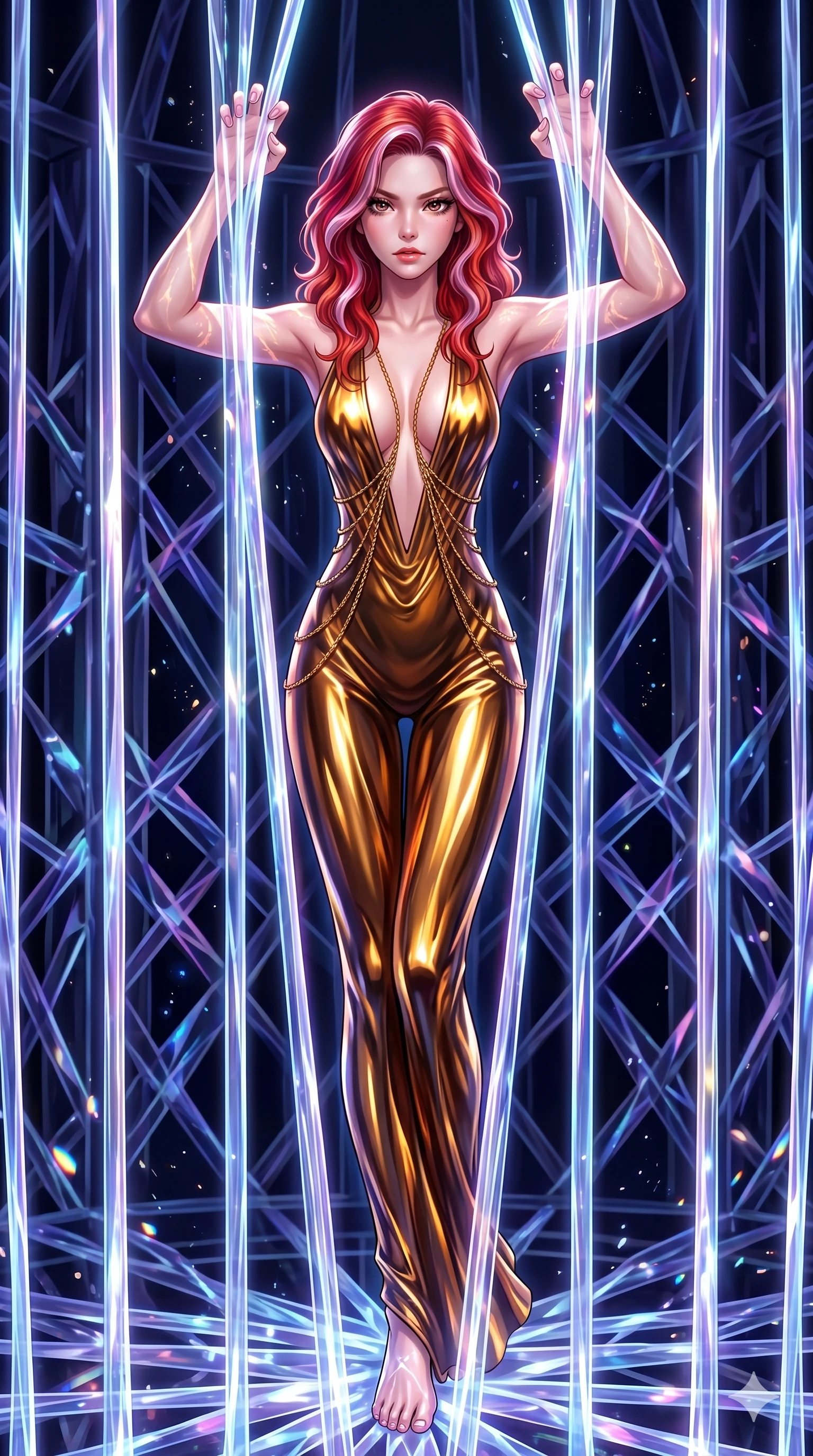 score_9, masterpiece, best quality, ultra-detailed, High-budget Anime Keyframe, East Asian woman. Dynamic full-body shot stretching the vertical silhouette to the limit. Scenario 192: Trapped in a cage of glowing crystalline fibers, body pressing against the bars. Her presence is magnetic and overpowering in this high-budget anime scene. Outfit 192: A molten liquid silk second with a plunging V-neckline and fine gold chains. The clothing is designed to emphasize her exceptionally tall and slender 8-heads proportion. 8-heads proportion, towering silhouette, ultra-slim waist. sharp v-shaped jawline, intricate jewel-like eyes with depth, thick eyelashes, glossy lips. 2k, ultra detail, master piece, 9:16 ratio