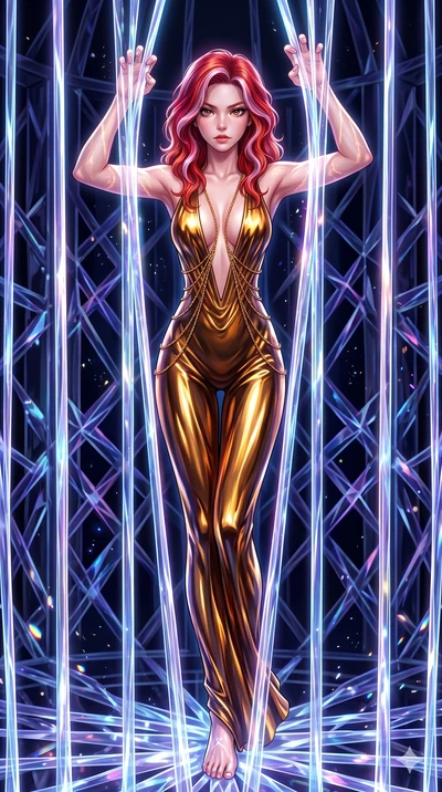 score_9, masterpiece, best quality, ultra-detailed, High-budget Anime Keyframe, East Asian woman. Dynamic full-body shot stretching the vertical silhouette to the limit. Scenario 192: Trapped in a cage of glowing crystalline fibers, body pressing aga