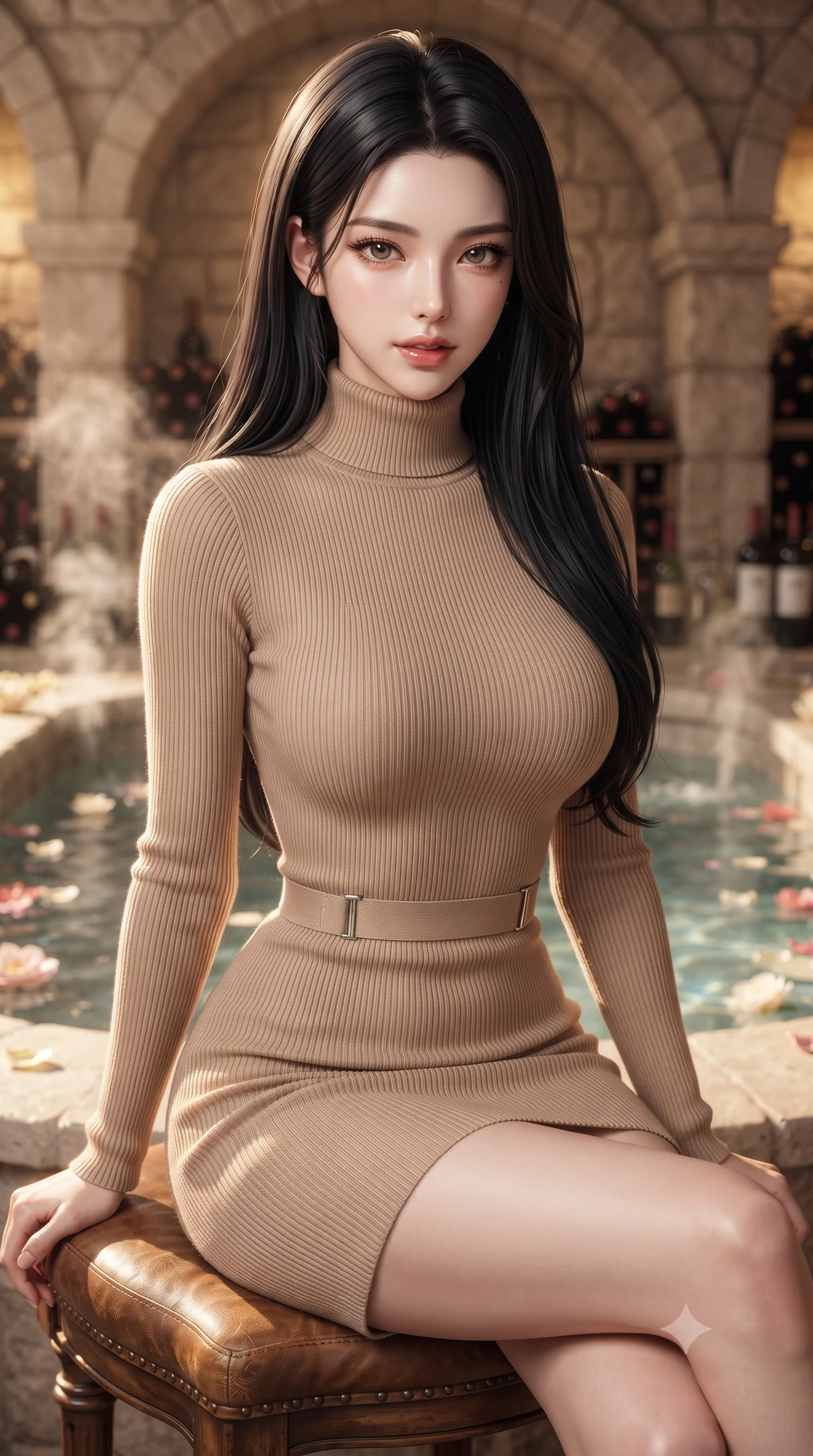 score_9, masterpiece, best quality, ultra-detailed, high-budget anime keyframe, editorial fashion photography, tasteful artistic composition, Korean woman. close-up cowboy shot from the waist and thighs up, the character dominates the composition, filling the frame with her large presence, background elements kept in soft focus. gazing directly into the camera with a smoldering, magnetic half-smile, her glossy lips parted alluringly set against a soft-focus background of inside an exclusive wine cellar alcove with rising mineral steam and floating flower petals on the clear water surface. She has an exceptionally elegant, slender, and willowy female figure with an ultra-slim waist, a gracefully sculpted slender torso, and a refined silhouette. sharp v-shaped jawline, high-bridge nose, intricate jewel-like eyes with depth, thick eyelashes, glossy lips with a natural sheen. wearing slim-fit warm beige contouring mesh form-fitting ribbed knit turtleneck dress outlining her slender silhouette accented with delicate silver hardware. bathed in warm golden hour sunbeams that cast long, romantic shadows across the floor. ultra-reflective glossy finish, specular highlights, metallic sheen, high-contrast stereoscopic depth, volumetric dynamic lighting, 2k, ultra detail, master piece, 9:16 ratio