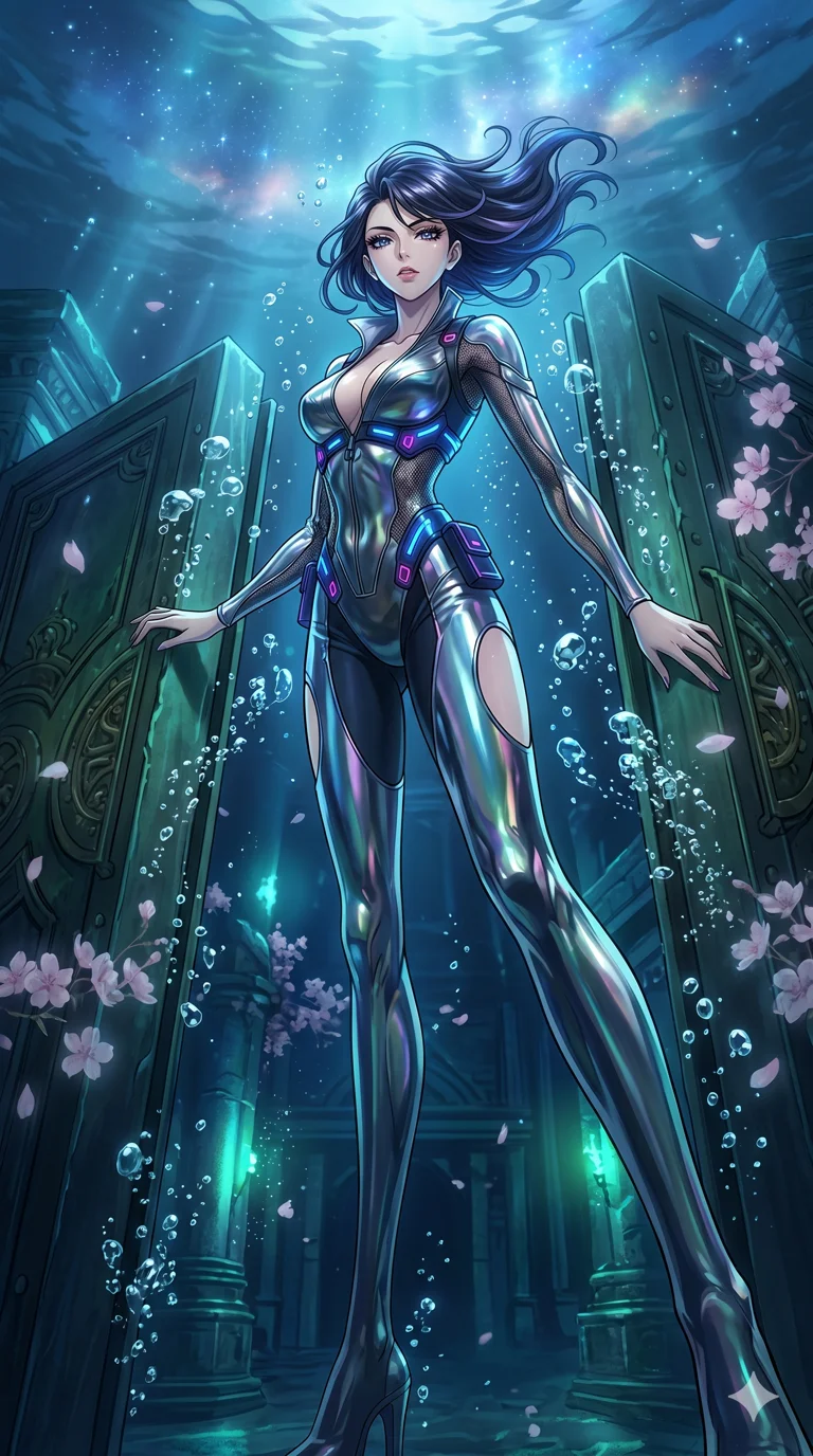score_9, masterpiece, best quality, ultra-detailed, High-budget Anime Keyframe, vibrant colors, fluid line-art, expressive lighting, cinematic composition, Ufotable-style visual effects, top-tier animation quality, Japanese woman with delicate and elegant anime-inspired features. Dynamic full-body shot stretching the vertical silhouette, capturing her from a powerful low-angle perspective. Opening a forbidden vault in a submerged underwater city, air bubbles rising as the ancient doors groan open. She has an absolutely perfect 8-heads proportion, an exceptionally tall and slender female figure with impossibly long slender legs and an ultra-slim waist, her statuesque height and towering silhouette dominating the vertical 9:16 frame. Her face is a masterpiece featuring a sharp v-shaped jawline, high-bridge nose, intricate jewel-like eyes with depth, thick eyelashes, and glossy lips with a natural sheen. She is wearing a Sci-fi pilot flight suit with an open collar and strategically placed mesh panels crafted from Molten liquid mercury that flows and reflects the environment with metallic perfection, with integrated neon-lit tactical gear and suggestive cutouts on the thighs. The scene is set in an ancient floating island with pink cherry blossoms falling like snow against a blue sky, illuminated by flickering starlight and nebula glow providing a mystical and vast ambiance. 2k, ultra detail, master piece, 9:16 ratio