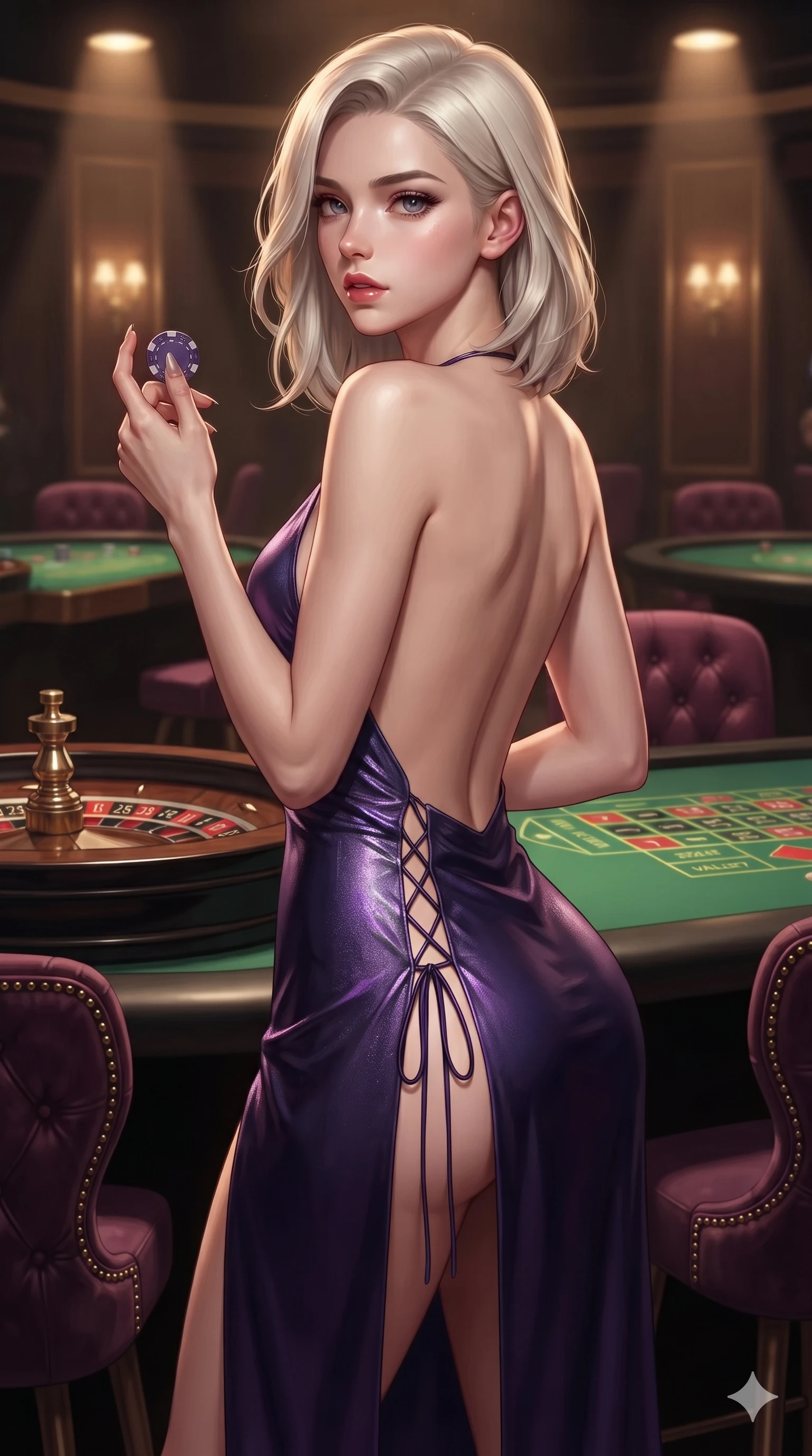 score_9, masterpiece, best quality, ultra-detailed, high-budget anime keyframe, editorial fashion photography, tasteful artistic composition, Caucasian woman. close-up cowboy shot from the waist and thighs up, the character dominates the composition, filling the frame with her large presence. posing in an alluring rear three-quarter angle, turning over a bare shoulder with an intoxicating, smoldering gaze, her hips cocked back to highlight her slim hourglass curve while glancing over a bare shoulder with parted glossy lips as she toys with a high-denomination casino chip with long manicured fingers. The surrounding environment is rendered in vivid detail and crisp panoramic clarity: sharp roulette wheel brass frets, mother-of-pearl casino chip inlays, and tufted velvet salon chairs in deep focus. She has an exceptionally elegant, slender, and willowy female figure with an ultra-slim waist, flat toned midriff, narrow ribcage, and sculpted feminine hips creating an alluring, slim hourglass silhouette without bulk. sharp v-shaped jawline, high-bridge nose, intricate jewel-like dark sparkling eyes with dangerous depth, thick curled eyelashes, glossy parted lips with a rich wine sheen, smoldering seductive half-smile with bedroom-eyes, exuding effortless superiority and intoxicating dark allure, flawlessly proportioned anatomical accuracy, strict slender model proportions, natural body alignment, perfectly sculpted long slender limbs, ultra-slim waistline, clean dynamic posture without body distortion. wearing a provocative backless liquid lamé slip dress with plunging neckline and hip-high thigh slit in ultraviolet neon and dark rain-soaked shadow tones, tailored from fine lightweight midnight wool crepe with crisp architectural structure, featuring fine criss-cross lace-up side ties revealing tantalizing glimpses of her hip curve, the precision-cut side openings and low-back scoop framing her graceful spine and the sensual sweep of her slim, toned hips. bathed in warm, focused pin-spot lighting over the green gaming tables contrasted with intimate ambient shadows. ultra-reflective glossy finish, specular highlights, rich textural contrasts, high-contrast stereoscopic depth, volumetric dynamic lighting, 2k, ultra detail, master piece, 9:16 ratio