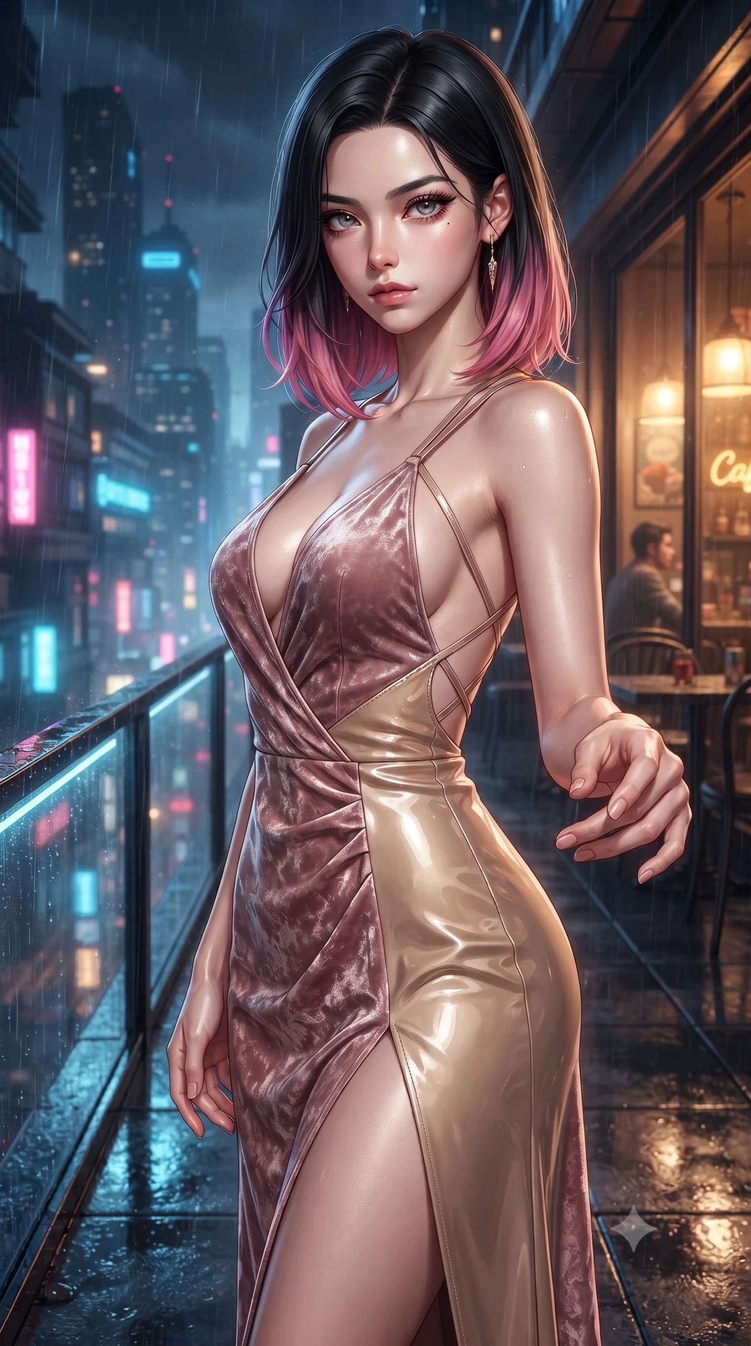 score_9, masterpiece, best quality, ultra-detailed, high-budget anime keyframe, editorial fashion photography, tasteful artistic composition, Korean woman. close-up cowboy shot from the waist and thighs up, the character dominates the composition, filling the frame with her large presence, background elements kept in soft focus. Reaching one hand gracefully toward the viewer with effortless superiority and allure poised on a rain-slicked balcony overlooking a glowing futuristic metropolis, warm indoor cafe glow contrasting beautifully with cool rainy street lighting. She has an exceptionally elegant, slender, and willowy female figure with an ultra-slim waist, a gracefully sculpted slender torso, and a refined silhouette. sharp v-shaped jawline, high-bridge nose, intricate jewel-like eyes with depth, thick eyelashes, glossy lips with a natural sheen. wearing a backless crushed velvet gown with a deep V-neckline and high thigh slit in dusty rose and champagne gold, tailored from high-gloss patent leather, complemented by criss-cross back straps highlighting her bare shoulders, the elegant draped fit framing her graceful clavicle and slender torso. illuminated by warm indoor golden amber light and cool rainy blue neon rim light. ultra-reflective glossy finish, specular highlights, metallic sheen, high-contrast stereoscopic depth, volumetric dynamic lighting, 2k, ultra detail, master piece, 9:16 ratio