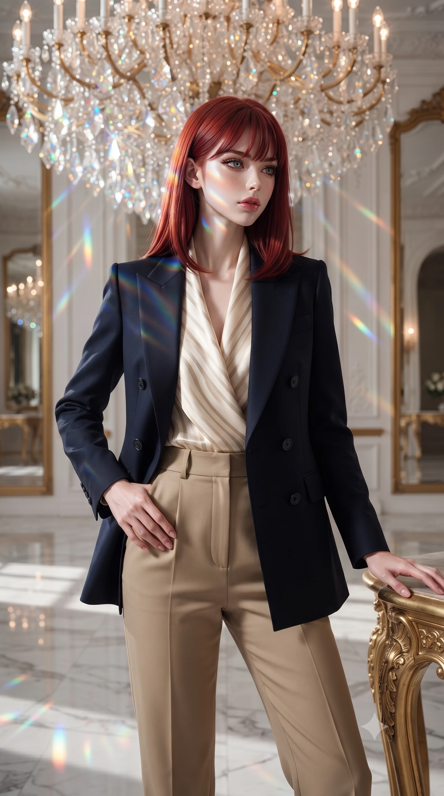 score_9, masterpiece, best quality, ultra-detailed, high-budget anime keyframe, editorial fashion photography, tasteful artistic composition, Caucasian woman, strictly human ears. close-up cowboy shot from the waist and thighs up, the character dominates the composition, filling the frame with her large presence, background elements kept in soft focus. Gazing past the camera with an air of effortless superiority. set against a soft-focus background of a palatial ballroom with a centerpiece chandelier of ten thousand hand-cut crystals white marble floors reflecting everything and tall gilded mirrors multiplying the space into apparent infinity. She has an exceptionally elegant and slender, willowy female figure with an ultra-slim waist, a gracefully sculpted slender torso, and a refined slim physique. sharp v-shaped jawline, high-bridge nose, intricate jewel-like eyes with depth, thick eyelashes, glossy lips with a natural sheen. wearing a tailored navy double-breasted blazer over a cream striped silk scarf top and high-waisted khaki slacks. cascading rainbow prismatic light refracting through crystal formations overhead. 2k, ultra detail, master piece, 9:16 ratio
