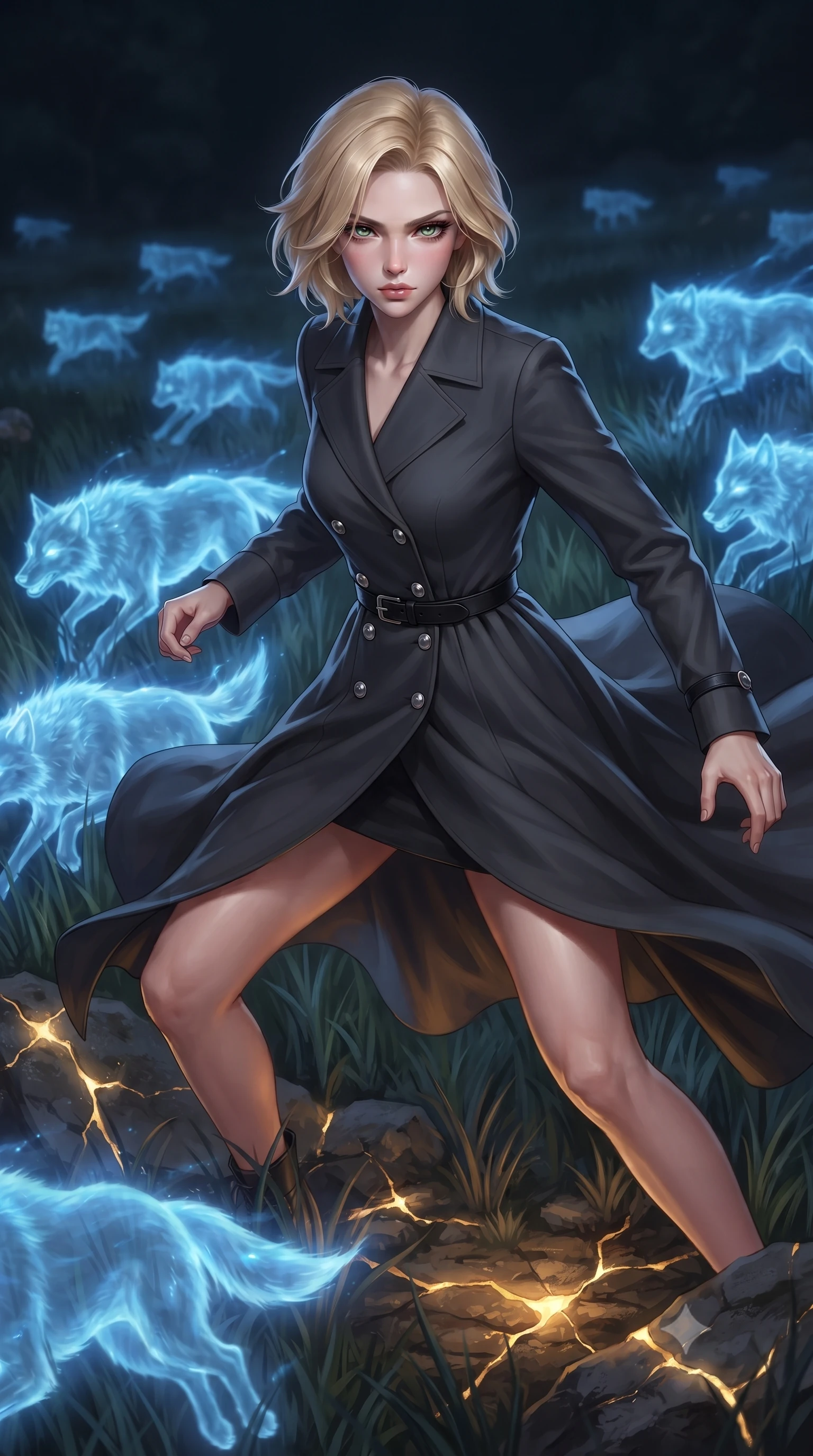 score_9, masterpiece, best quality, ultra-detailed, high-budget anime keyframe, editorial fashion photography, tasteful artistic composition, realistic cosplay photography, Caucasian woman, strictly human ears. close-up cowboy shot from the waist and thighs up, the character dominates the composition, filling the frame with her large presence, background elements kept in soft focus. Standing in a low, ready combat stance, eyes narrowed in sharp concentration. set against a soft-focus background of a midnight grassy meadow, where translucent spirit wolves made of pure blue light run in packs around her. She has an exceptionally elegant and slender, willowy female figure with an ultra-slim waist, a gracefully sculpted slender torso, and a refined slim physique. sharp v-shaped jawline, high-bridge nose, intricate jewel-like eyes with depth, thick eyelashes, glossy lips with a natural sheen. wearing the lightweight fabric rippling and billowing dramatically with her movement, a tailored double-breasted charcoal coat dress with silver buttons, styled with a slim black leather belt. glowing kintsugi gold light radiating from cracks in the environment creating a majestic inner glow. ultra-reflective glossy finish, specular highlights, metallic sheen, high-contrast stereoscopic depth, volumetric dynamic lighting, 2k, ultra detail, master piece, 9:16 ratio