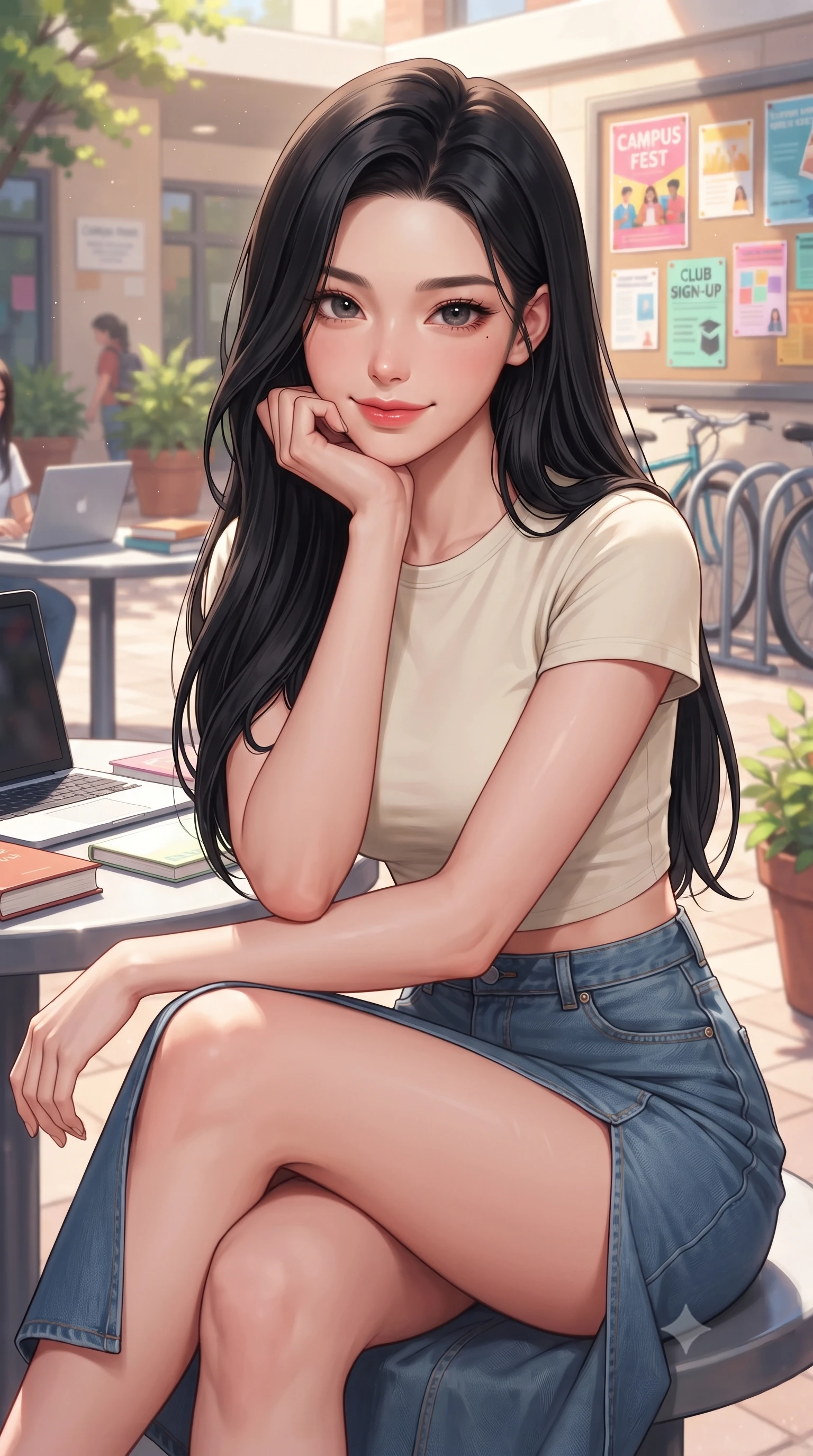 score_9, masterpiece, best quality, ultra-detailed, high-budget anime keyframe, editorial fashion photography, tasteful artistic composition, Korean woman. close-up cowboy shot from the waist and thighs up, the character dominates the composition, filling the frame with her large presence, background elements kept in soft focus. smiling cutely while resting her chin on her hand, looking directly into the lens set against a soft-focus background of in a sunlit campus courtyard filled with student tables, potted plants, and bicycle racks with colorful college flyers and posters decorating the bulletin boards behind her. She has an exceptionally elegant, slender, and willowy female figure with an ultra-slim waist, a gracefully sculpted slender torso, and a refined silhouette. sharp v-shaped jawline, high-bridge nose, intricate jewel-like eyes with depth, thick eyelashes, glossy lips with a natural sheen. wearing slim-fit modern crop top tee in cream, paired with a high-slit denim midi skirt. cool morning sunlight creating a fresh, energetic ambiance. highly saturated vibrant anime colors, detailed shading with soft gradients, rich glossy textures, high-contrast stereoscopic depth, volumetric dynamic lighting, master piece, 9:16 ratio