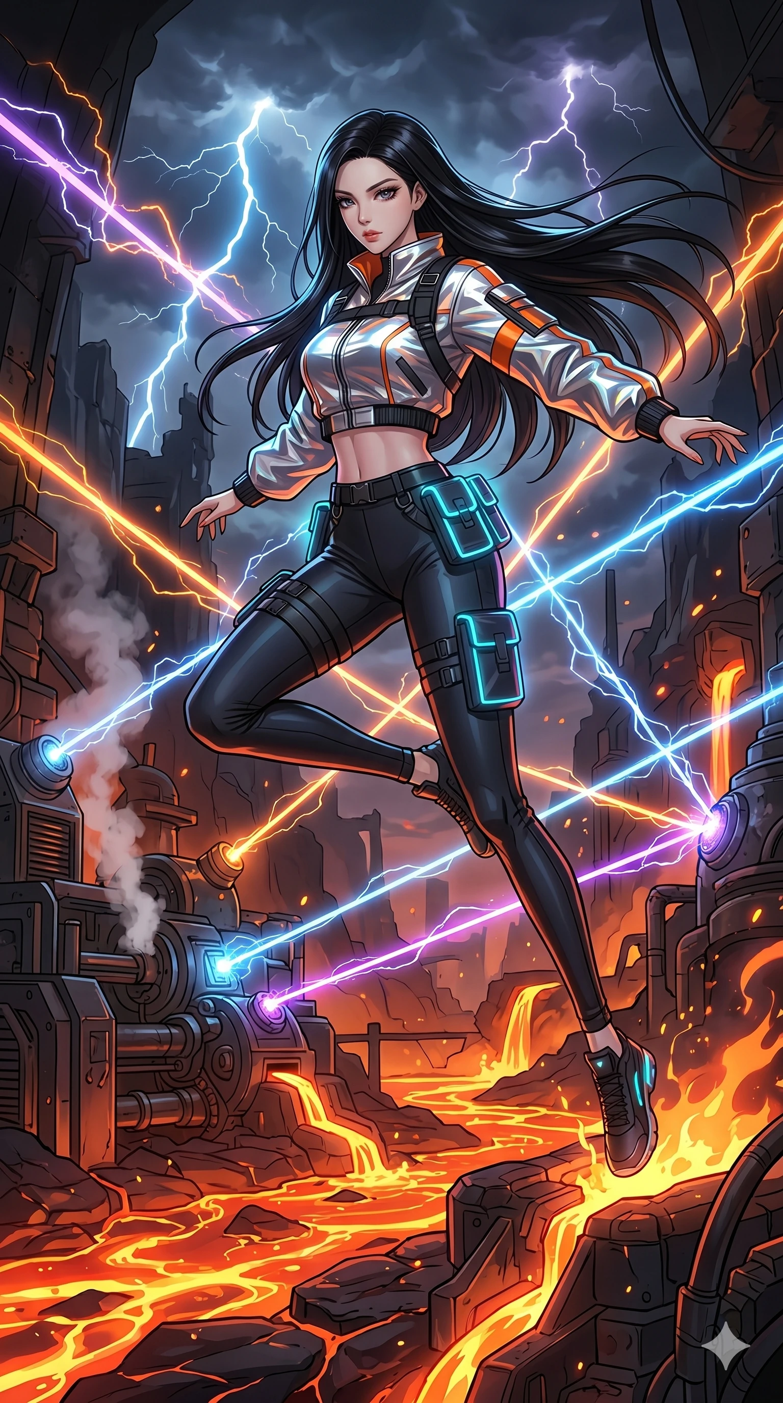 score_9, masterpiece, best quality, ultra-detailed, high-budget anime movie keyframe, cinematic anime lighting, intricate line art, Korean woman. Dynamic full-body shot stretching the vertical silhouette across the 9:16 frame. leaping gracefully in a volcanic lava forge with lightning lasers. She has an absolutely perfect 8-heads proportion, an exceptionally tall and slender female figure with an ultra-slim waist and impossibly long slender legs. sharp v-shaped jawline, high-bridge nose, intricate jewel-like eyes, thick eyelashes, glossy lips. Wearing modern urban tech-wear ensemble with a cropped reflective bomber jacket, ultra-slim high-waisted cargo leggings, and tactical harness with neon-lit pouches. The scene is illuminated by dramatic atmospheric lighting and vibrant color palettes. , 2k, ultra detail, master piece, 9:16 ratio
