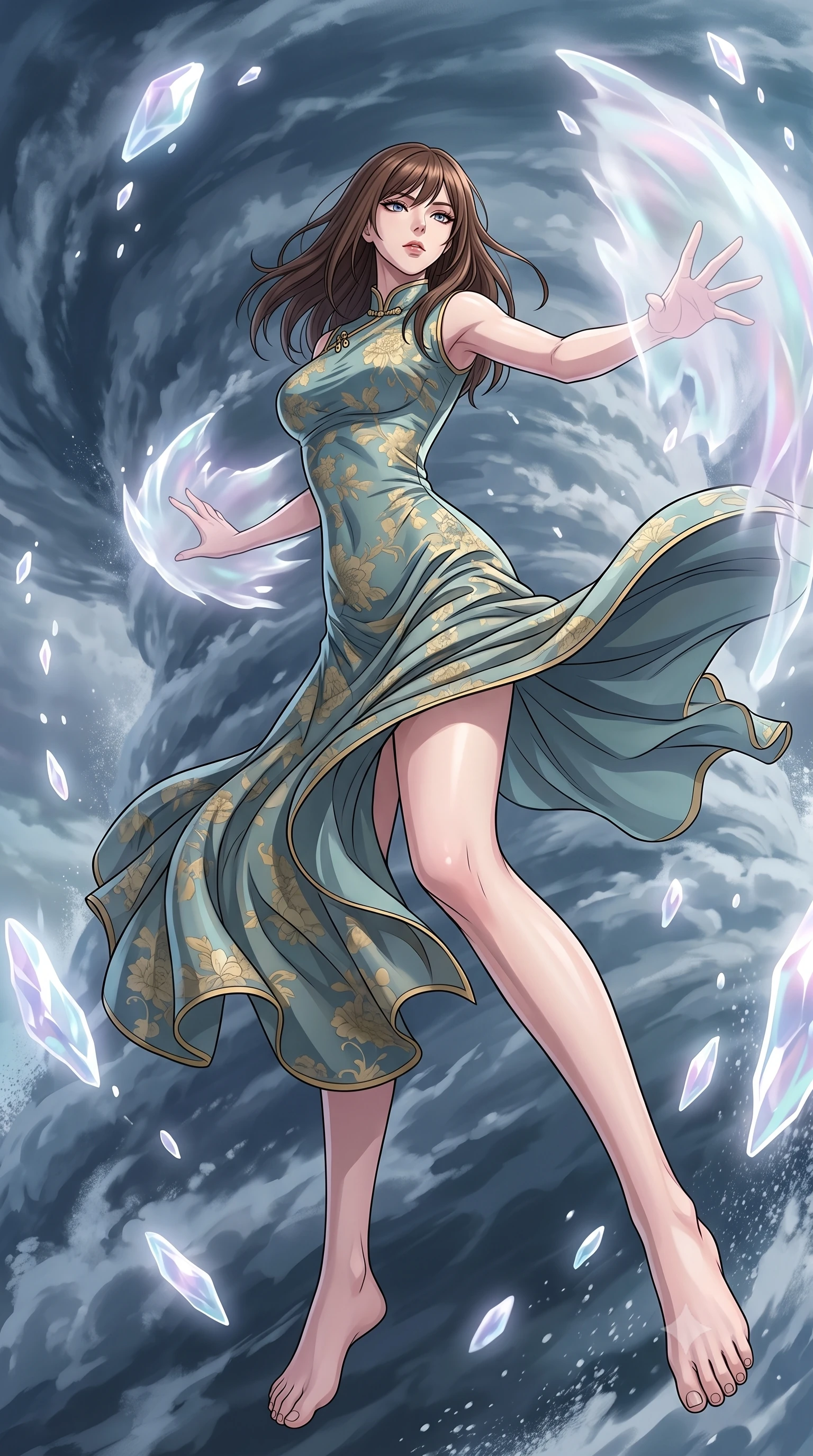 score_9, masterpiece, best quality, ultra-detailed, high-budget anime keyframe, clean line-art, cel-shading, Korean woman. low angle full-body shot from head to toe showing her feet, filling the entire 9:16 vertical frame with her statuesque presence, stretching her vertical silhouette. dodging backward with feline agility while casting an energy barrier through the calm but electrified center of a massive typhoon, surrounded by a towering wall of dark spinning clouds and water spray. She has a statuesque 8.5-heads proportion, an exceptionally tall, slender and willowy model-like build with impossibly long legs and a highly sculpted ultra-slim waist. sharp v-shaped jawline, high-bridge nose, intricate jewel-like eyes with depth, thick eyelashes, glossy lips with a natural sheen. wearing the lightweight fabric rippling and billowing dramatically with her movement, a body-hugging modernized qipao-inspired dress in a muted teal and gold floral print with a mandarin collar. ethereal pearlescent light emanating from floating crystalline formations all around. highly saturated vibrant anime colors, intense vivid color palette, volumetric dynamic lighting, 2k, ultra detail, master piece, 9:16 ratio