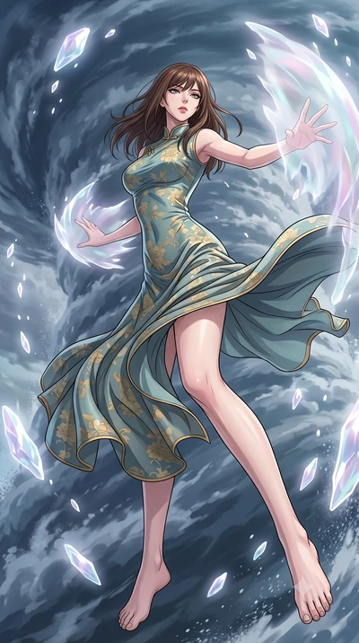 score_9, masterpiece, best quality, ultra-detailed, high-budget anime keyframe, clean line-art, cel-shading, Korean woman. low angle full-body shot from head to toe showing her feet, filling the entire 9:16 vertical frame with her statuesque presence