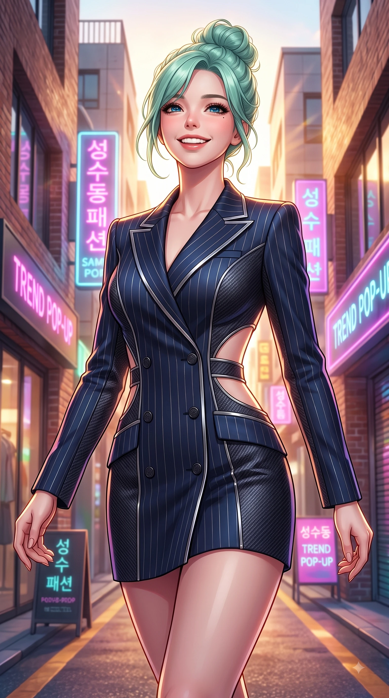 score_9, masterpiece, best quality, ultra-detailed, high-budget anime keyframe, editorial fashion photography, tasteful artistic composition, Japanese woman. close-up cowboy shot from the waist and thighs up, the character dominates the composition, filling the frame with her large presence, background elements kept in soft focus. Tilting her chin up with a sweet beaming smile of pure delight while balancing dynamically amidst the scene while walking dynamically down a vibrant Seongsu-dong alley lined with trendy fashion pop-up stores, warm golden hour sunbursts filtering between modern brick buildings. She has an exceptionally elegant, slender, and willowy female figure with an ultra-slim waist, a gracefully sculpted slender torso, and a refined silhouette. sharp v-shaped jawline, high-bridge nose, intricate jewel-like eyes with depth, thick eyelashes, glossy lips with a natural sheen, flawlessly proportioned anatomical accuracy, natural body alignment, perfectly sculpted elegant limbs, clean dynamic posture without body distortion. wearing a double-breasted blazer dress with subtle metallic pin-stripes in midnight navy blue and chrome trim, made of fine carbon-fiber weave and soft matte leather, featuring clean architectural cutouts along her slender torso, the glove-like fit emphasizing her statuesque silhouette during motion. illuminated by vibrant neon shop signs and crisp clear afternoon key light. highly saturated vibrant anime colors, detailed shading with soft gradients, rich glossy textures, high-contrast stereoscopic depth, volumetric dynamic lighting, master piece, 9:16 ratio