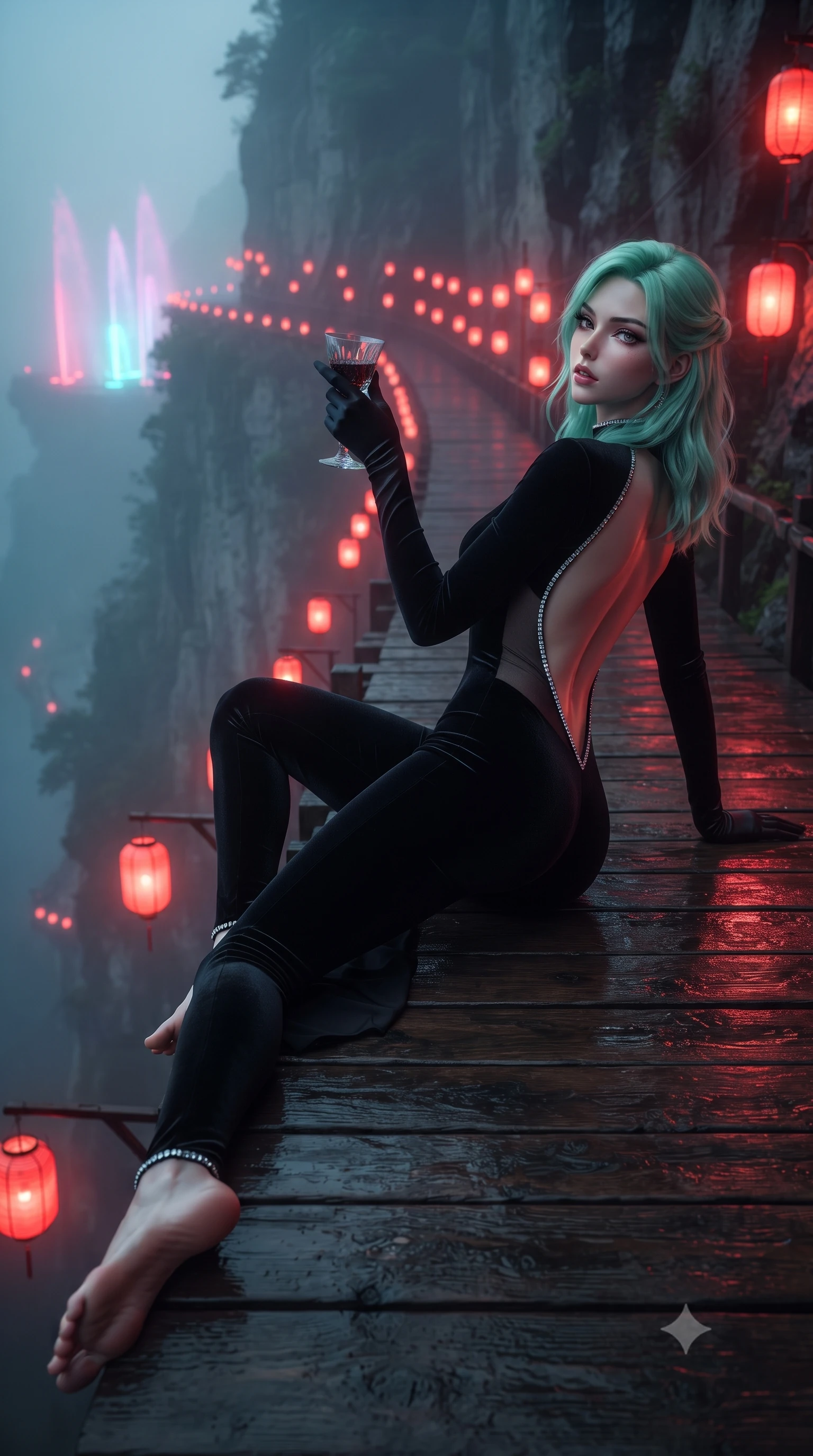 score_9, masterpiece, best quality, ultra-detailed, high-budget anime keyframe, editorial fashion photography, tasteful artistic composition, Japanese woman. low angle full-body shot from head to toe showing her feet, filling the entire 9:16 vertical frame with her statuesque presence, stretching her vertical silhouette. reclining on her side in an elegant Cleopatra pose with one knee drawn up, the dramatic contour of her rounded hips and long slender legs commanding the 9:16 vertical frame while striding along the elevated timber skywalk clinging to the vertical cliffside, arching her back as thousands of glowing red neon lanterns illuminate the misty mountain abyss. The composition keeps background elements in soft focus with creamy bokeh. coastal mountain fog ribbons and cascading neon water plumes softened in moody cyberpunk shallow focus. She has an exceptionally tall and slender model-like 8.5-heads proportion, an ultra-slim waist, a flat toned midriff, narrow delicate ribcage, and beautifully sculpted feminine hips creating a graceful, slim hourglass silhouette without any bulky heaviness, with impossibly long slender legs. sharp v-shaped jawline, high-bridge nose, intricate jewel-like eyes with depth, thick eyelashes, glossy parted lips with a natural sheen, intensely captivating and seductive bedroom-eyes expression, flawlessly proportioned anatomical accuracy, strict slender model proportions, natural body alignment, perfectly sculpted long slender limbs, ultra-slim waistline, clean dynamic posture without body distortion. wearing a second-skin compression catsuit with an open back and sheer mesh side waist contouring in pitch-black velvet with diamond crystal trim, made of fluid silk crepe with delicate inner corsetry boning, accessorized with opera-length satin gloves and a vintage crystal glass, the dramatically scooped open back descending to the base of her spine, accentuating her razor-sharp statuesque lines and slim hourglass silhouette. illuminated by wet specular timber bounce lights sculpting her razor-sharp jawline, narrow waist, and curvy hips. ultra-reflective glossy finish, specular highlights, rich textural contrasts, high-contrast stereoscopic depth, volumetric dynamic lighting, 2k, ultra detail, master piece, 9:16 ratio